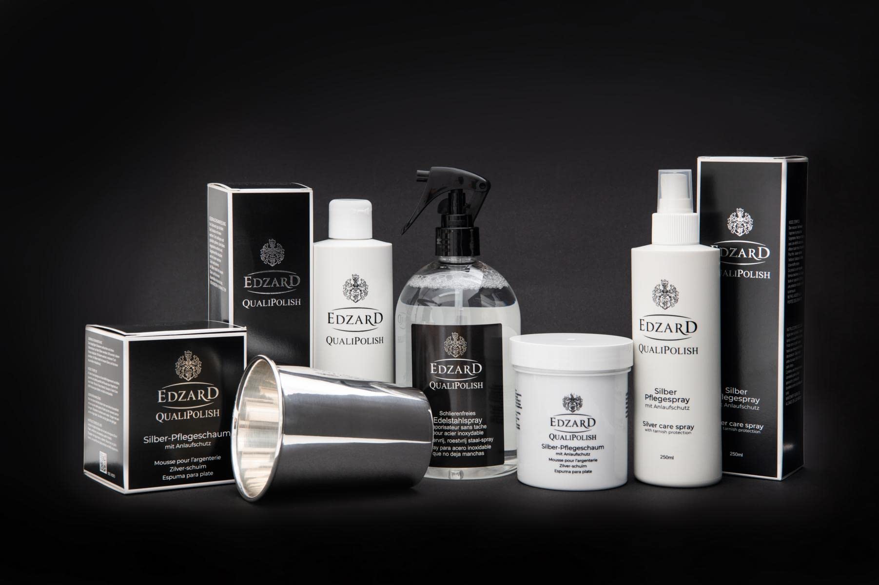 EDZARD QualiPolish® Silber Pflegespray (250 ml) Reiniger für Schmuck, Münzen, Besteck aus Messing, Silber, Gold - Reinigungsspray, Silberspray, Politur zur Pflege, Silberbad Polish mit Anlaufschutz