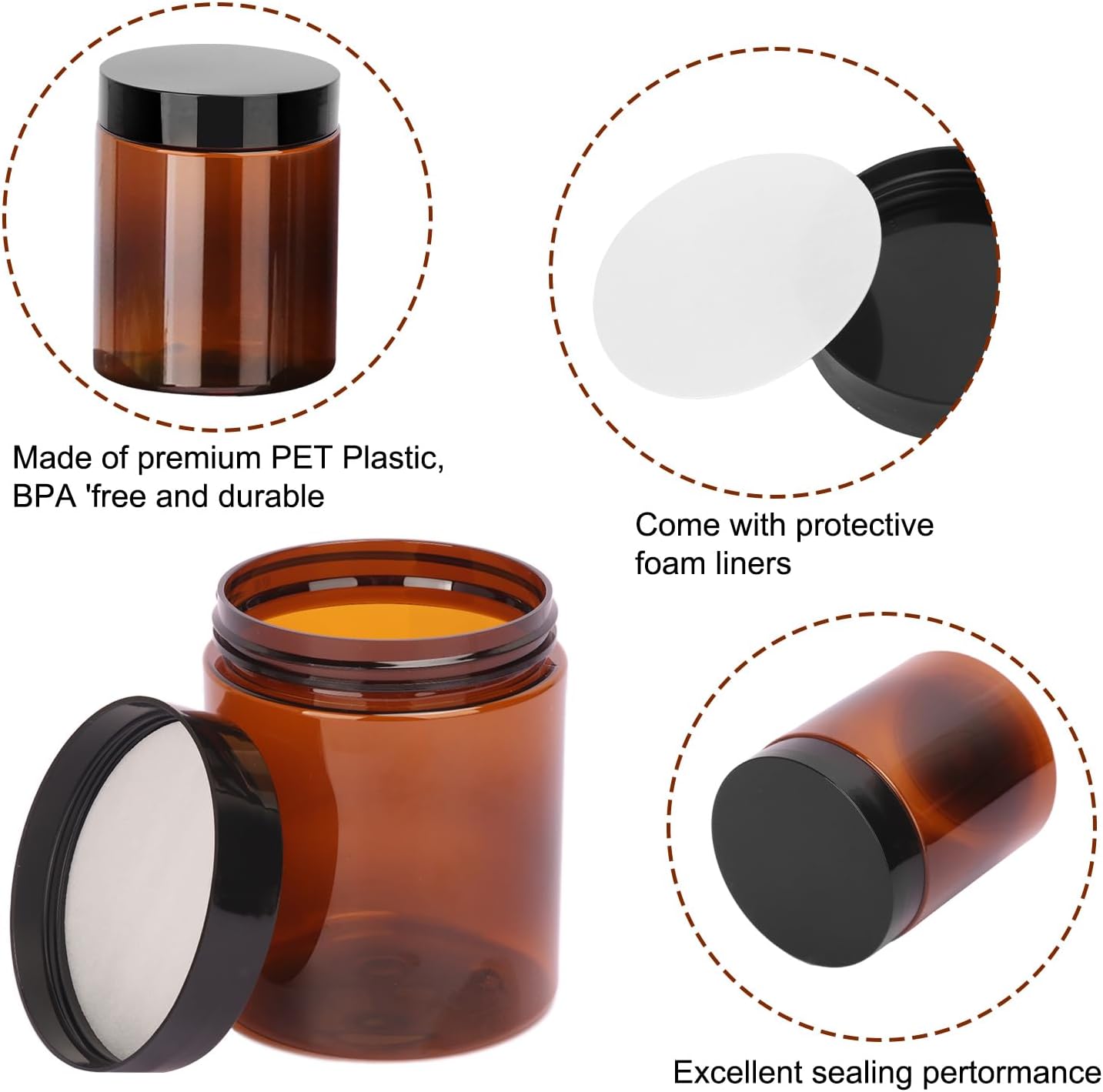 47 Packs 8 oz Plastic Jars with Black Lids, 8 oz Cosmetic Containers jars with Wide-Mouth for beads, rhinestones, sequins Cosmetics, Lotion, Cream, Ointments and More by KUKLIPJIM. (Brown)