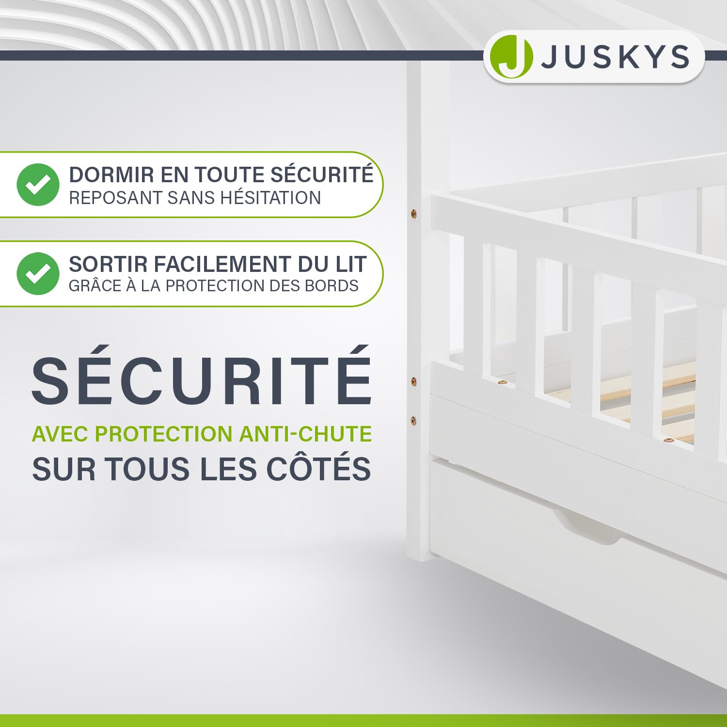 Juskys Lit cabane Enfant Marli 80x160 cm avec 2 tiroirs, Protection antichute, sommier à Lattes et Toit, Lit Maison Montessori en Bois Massif, Blanc