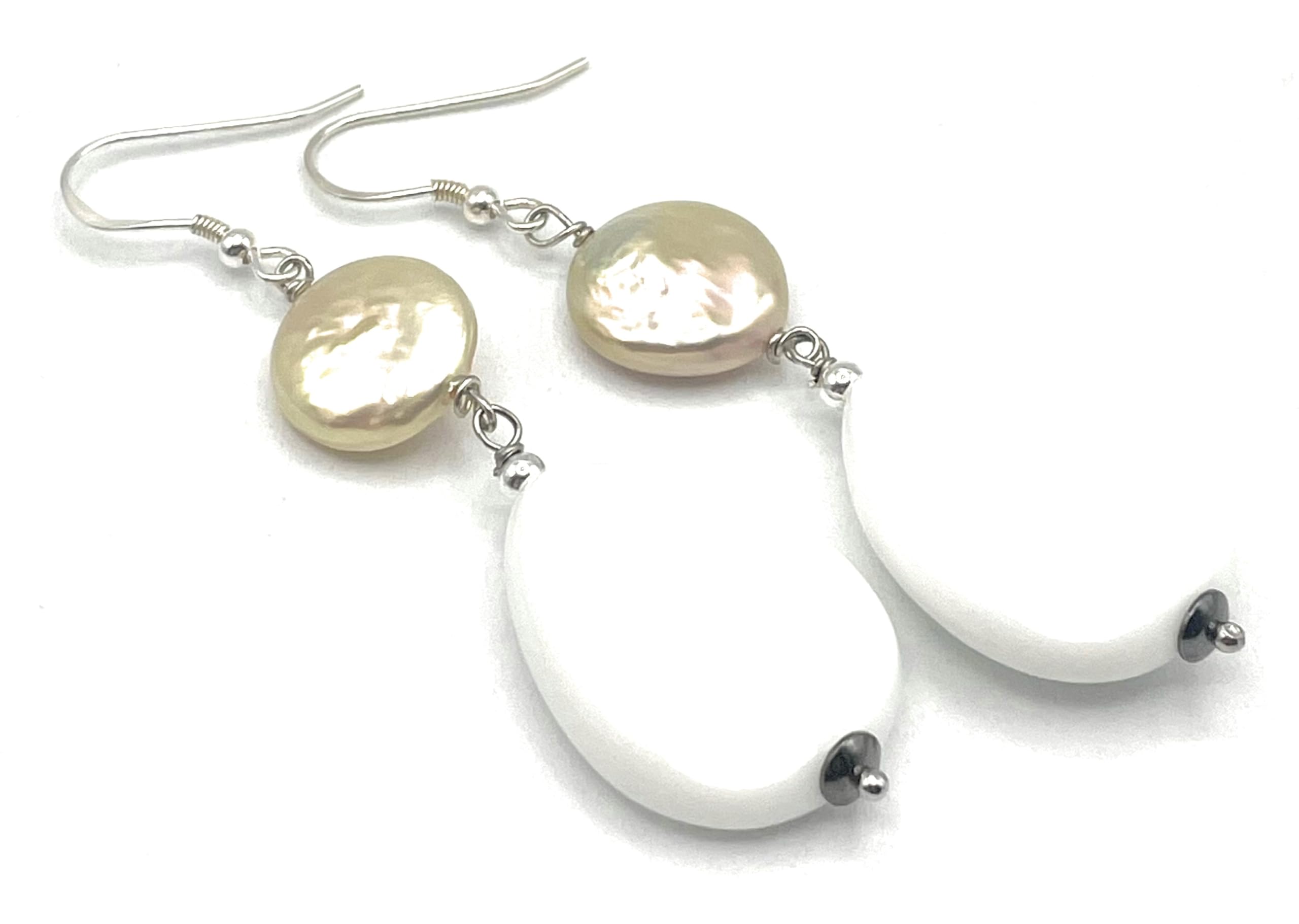 Orecchini con Agata Bianca e Perle Rosa, Pendenti Lunghi, Argento 925, Gioielli Pietre Dure, Bijoux Estate, Regalo Compleanno per Donne