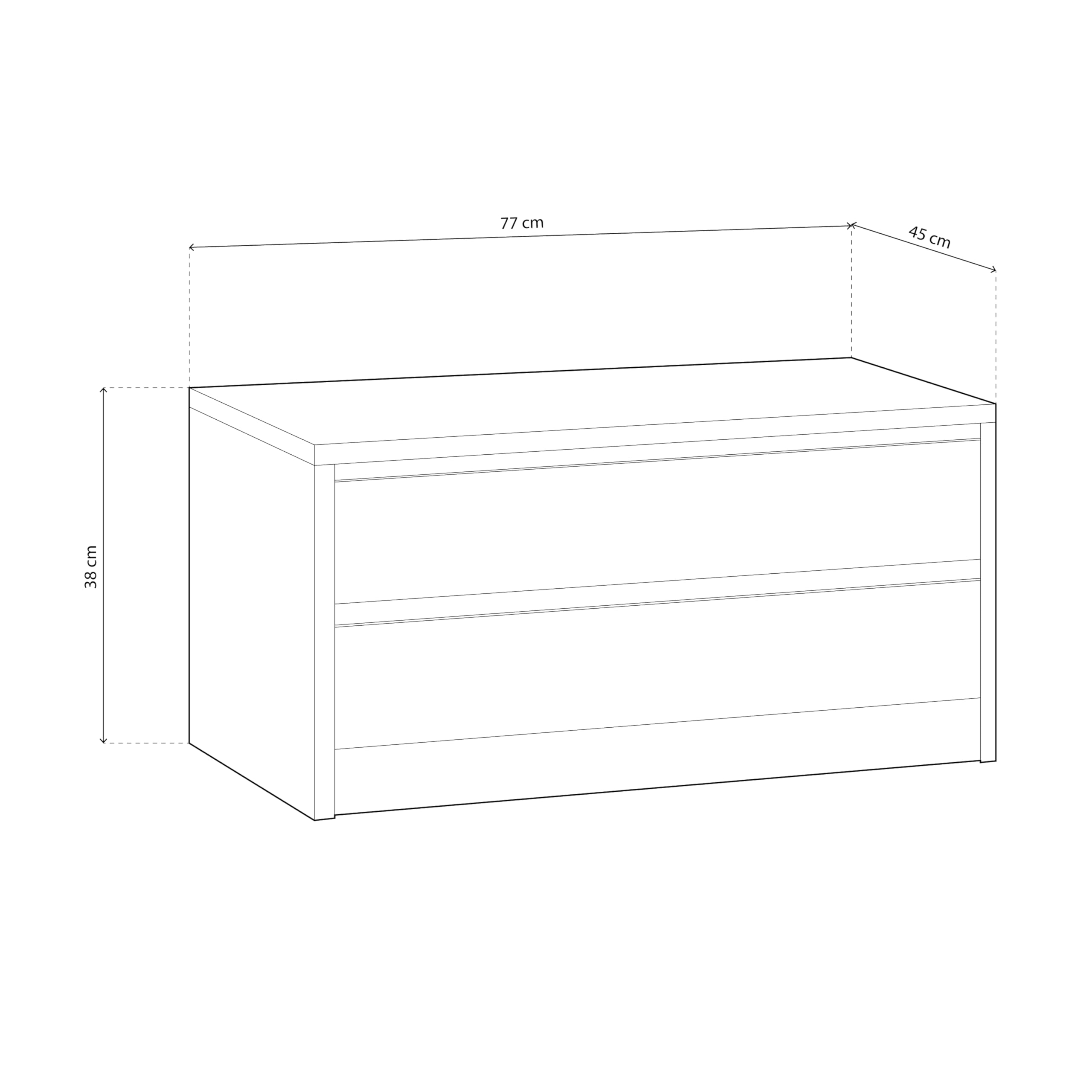 duehome | Cajonera Armario Dos cajones, Mueble Auxiliar Almacenamiento Dormitorio, Modelo Uniq, Color Blanco, Medidas: 77 cm (Largo) x 38 cm (Alto) x 45 cm (Fondo)