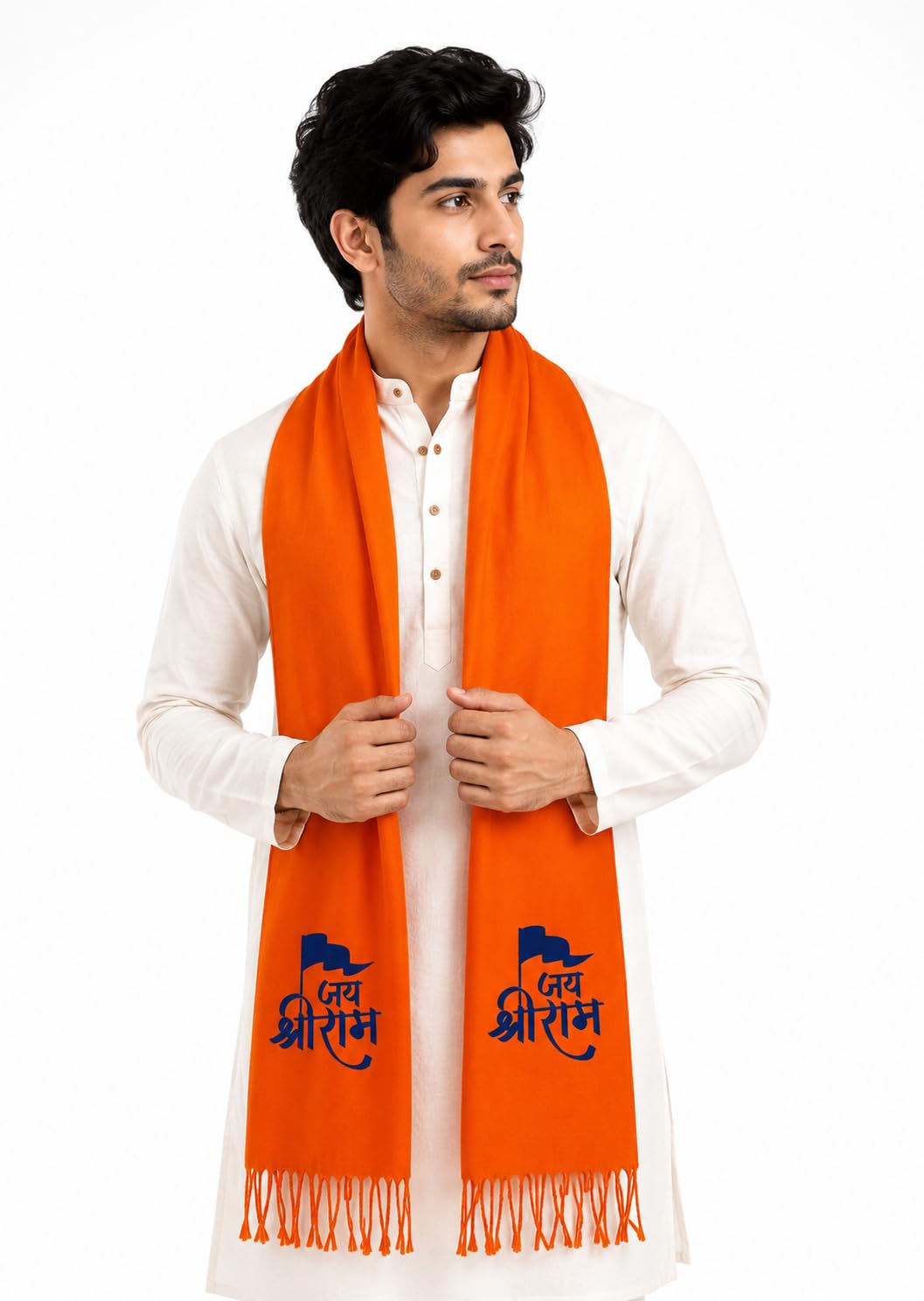 Manra Jai Shri Ram Printed Wool Blend Muffler with Flag Design | Soft Warm Winter Scarf for Men & Women | Religious Devotional Neck Wrap with Tassel Fringe-picture-27