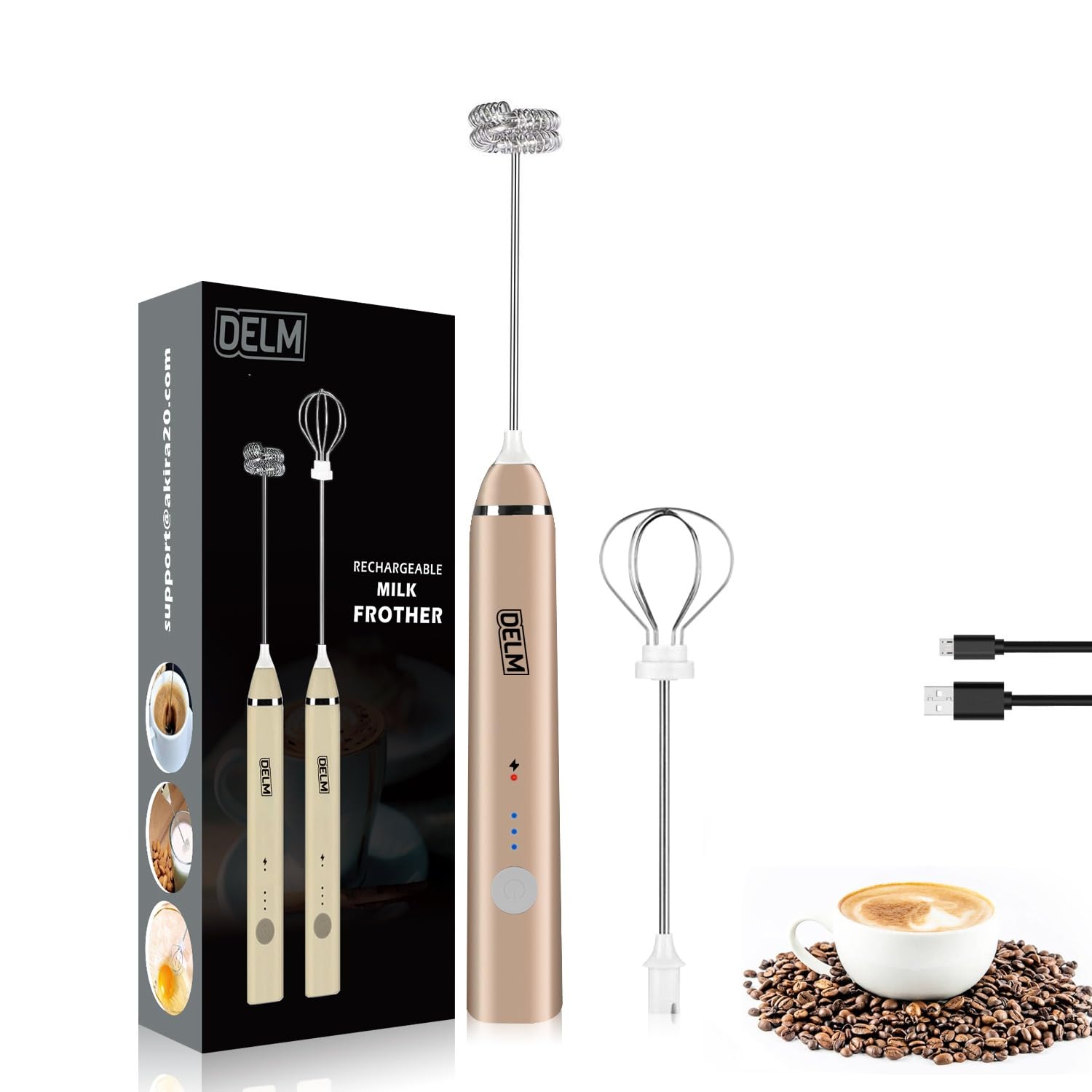 DELMRechargeable Milk Frother Handheld Foam Maker with Stainless Whisk for Cappuccino, Latte, Bulletproof Coffee, Keto Diet, Protein Powder, Matcha (Beige)