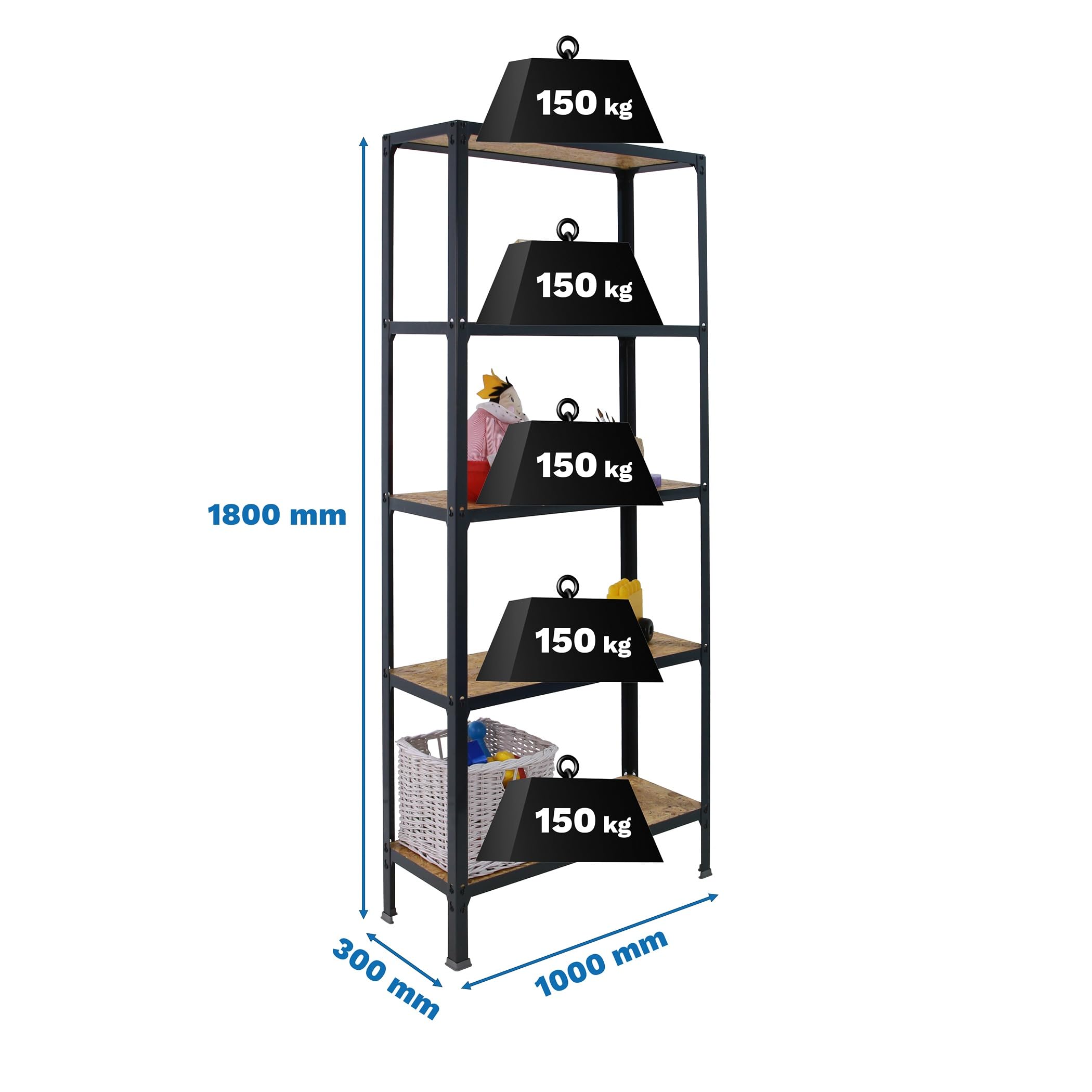 SimonRack Estantería Metálica Almacenaje, Sin tornillos, 5 Baldas Madera, Alta Capacidad Carga 150 kg, 1800x1000x300 mm, Estantería Salón Baño Cocina, Antracita/Madera Osb - SimonHomeClick Wood