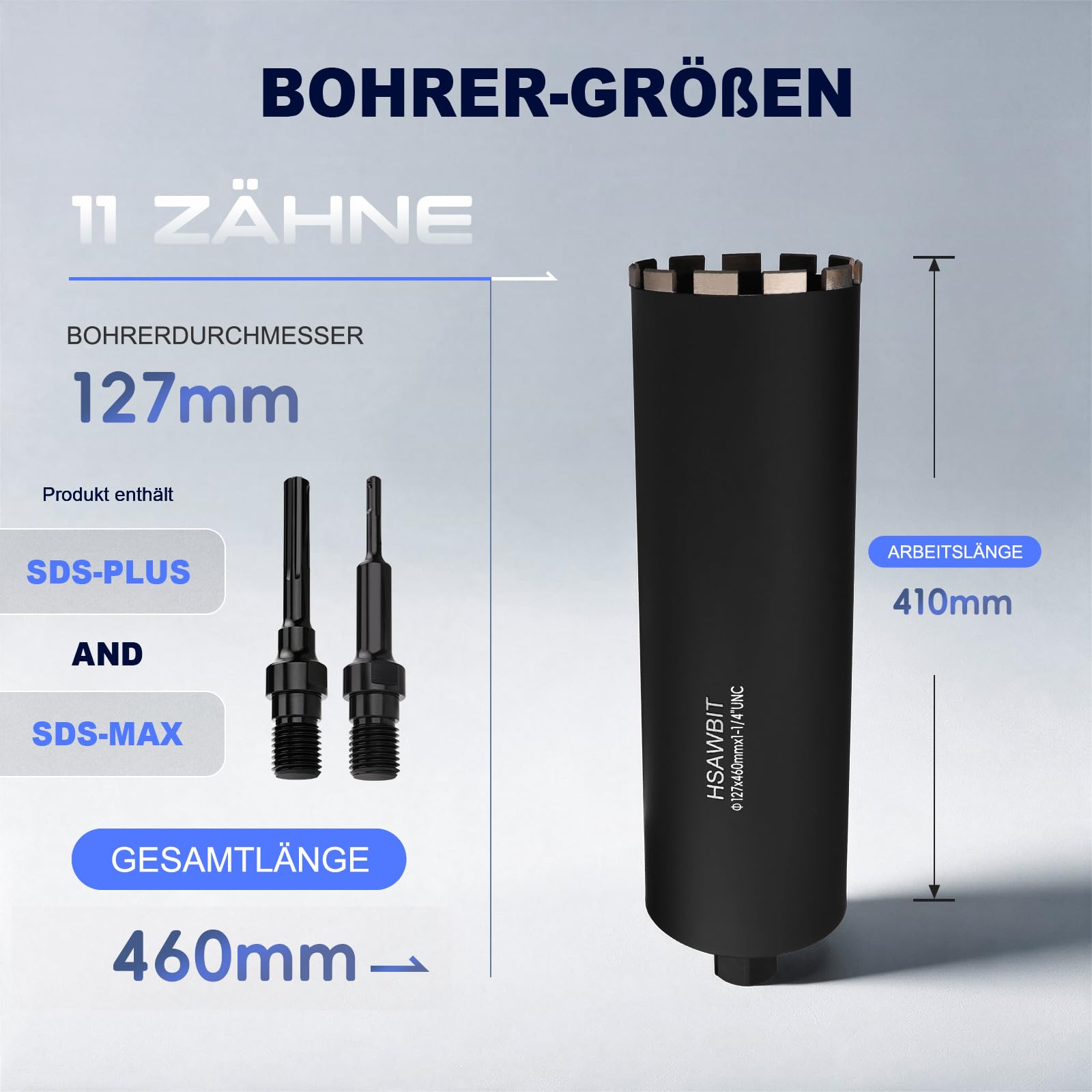 Couronne de forage 127 mm, 1¼" UNC, SDS-Plus, SDS-Max, L 460 mm