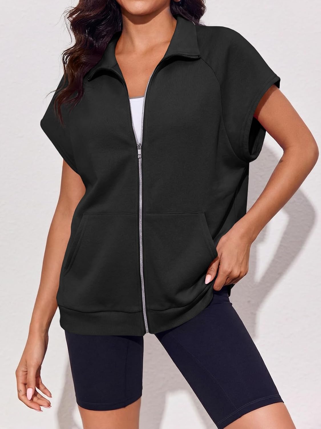 Fisoew Women's Zip Up Sweatshirts Sleeveless Oversized Casual Solid Color Sweatshirt with pockets