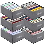 Jeans Organizer for Closet, Foldable Wardrobe Clothes Organizer with Handle, Stackable Closet Clothes Drawer Organizer Tshirts with 7 Grids for Leggings, Sweater, Jean, Pants, Grey (6 PACK)