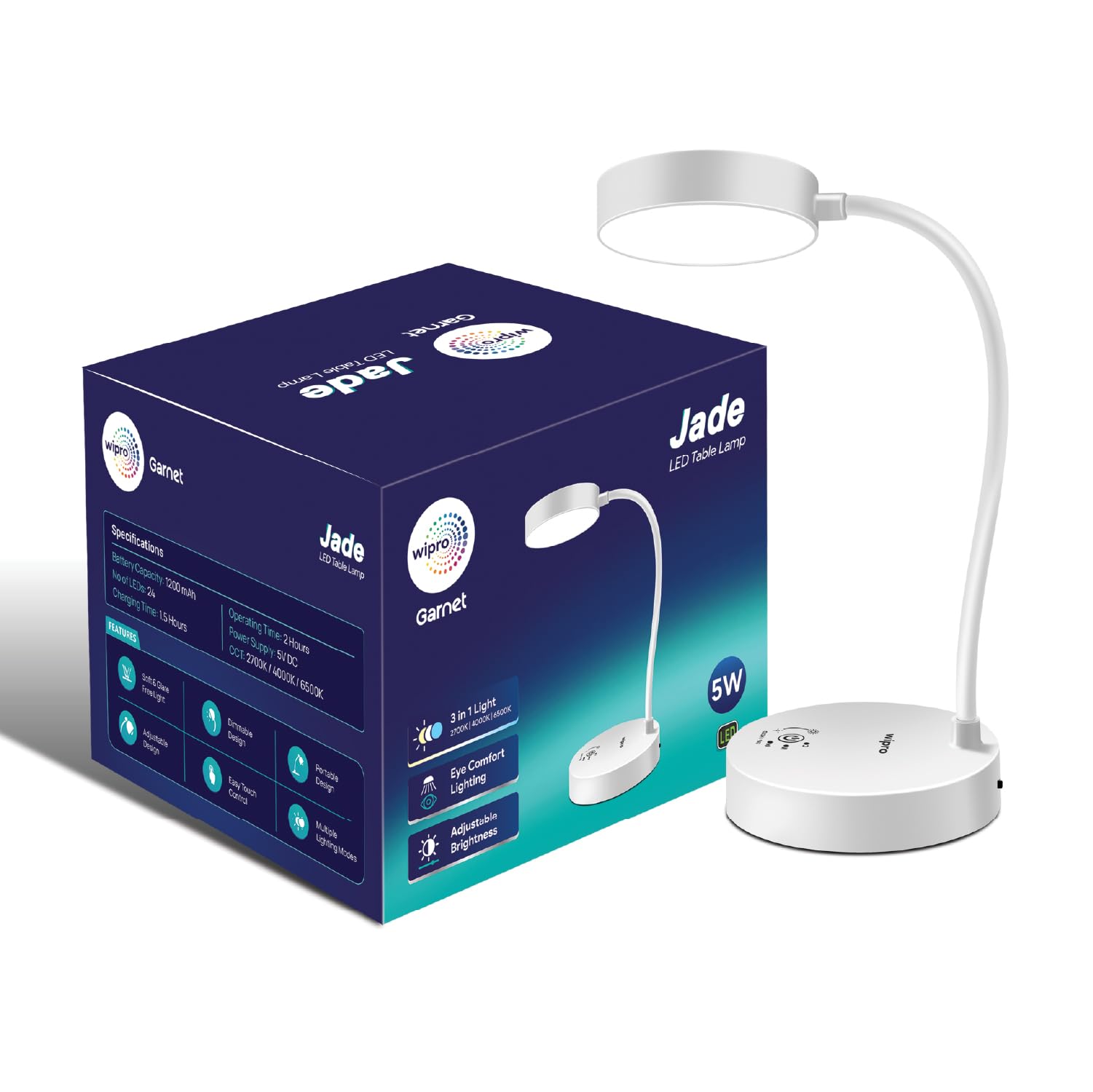 Wipro Jade Table Lamp | Rechargable LED Desk Light with 360° Flexible Gooseneck | Type-C Charging | Color Tunable & Adjustable Brightness | Minimalist Design for Bedroom, Office & Study | Pack of 1-picture-18