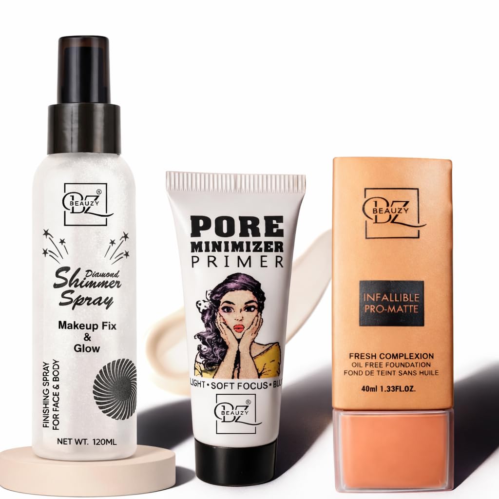 Makeup Combo – Glow Up Makeup Fixer (Variant Options) + Pore Minimizer Primer 30ml + Infalliable Pro-Matte Foundation 40ml | Long Lasting Matte Finish, Oil Free, Professional Makeup Kit (Diamond Shimmer Fixer – 120ml)