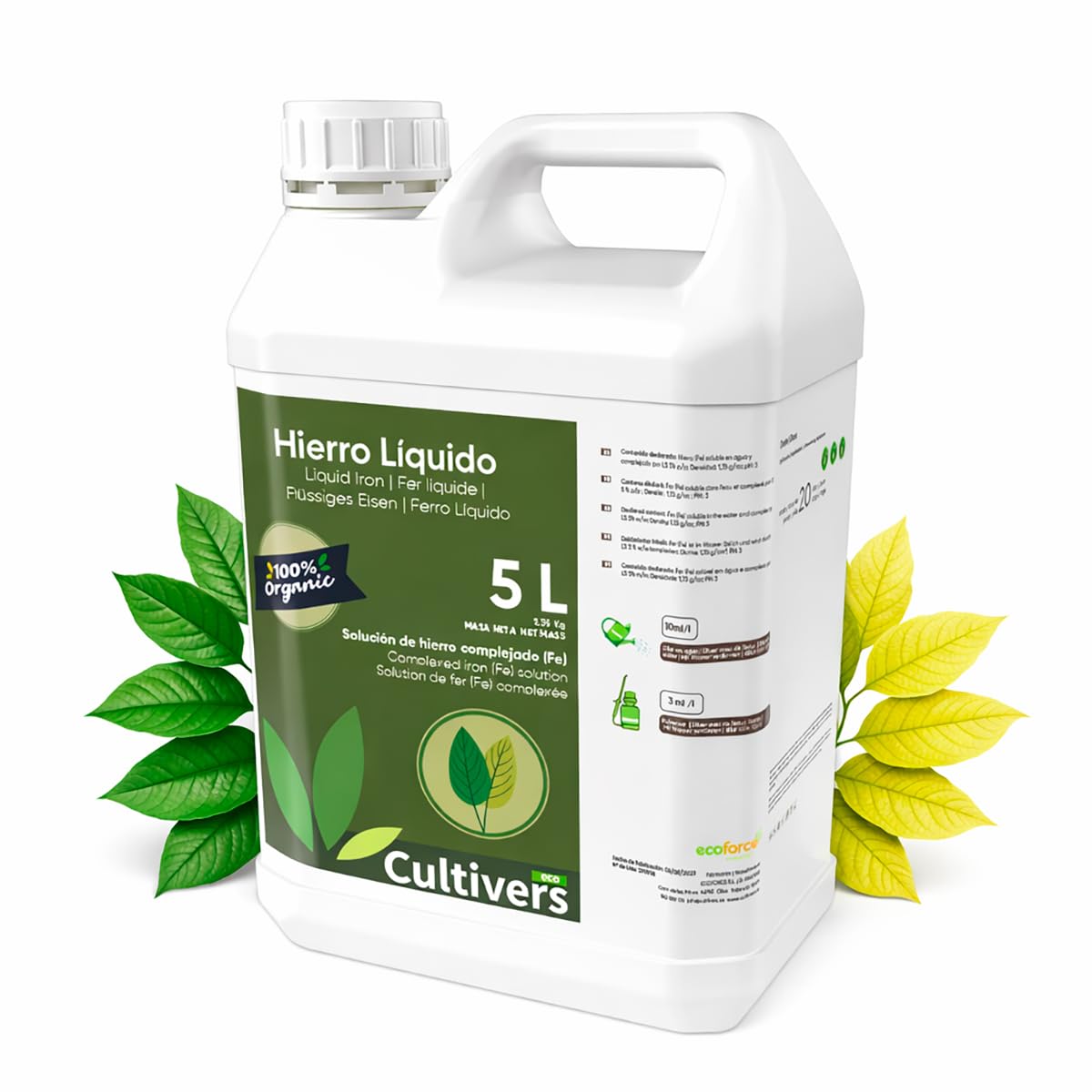 CULTIVERS Hierro Líquido para Plantas 5 L | Abono Líquido con Hierro para Nutrición Vegetal en Plantas, Hortalizas y Árboles en Suelos con Baja Disponibilidad de Hierro