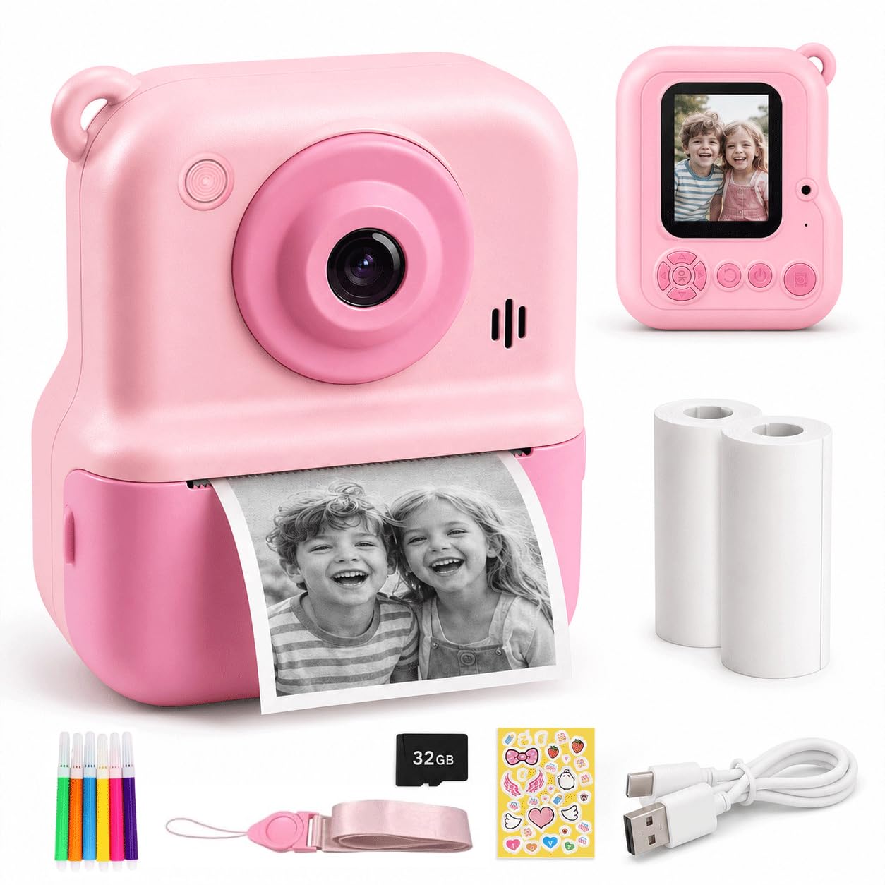 Kinderkamera mit Sofortdruck – 2.4 Zoll Sofortbildkamera Kinder, HD 1080P, inkl. 32GB Karte & Druckpapier, kinderkamera sofortbildkamera, Geschenk für Mädchen & Jungen, Rosa (3-12 Jahre)