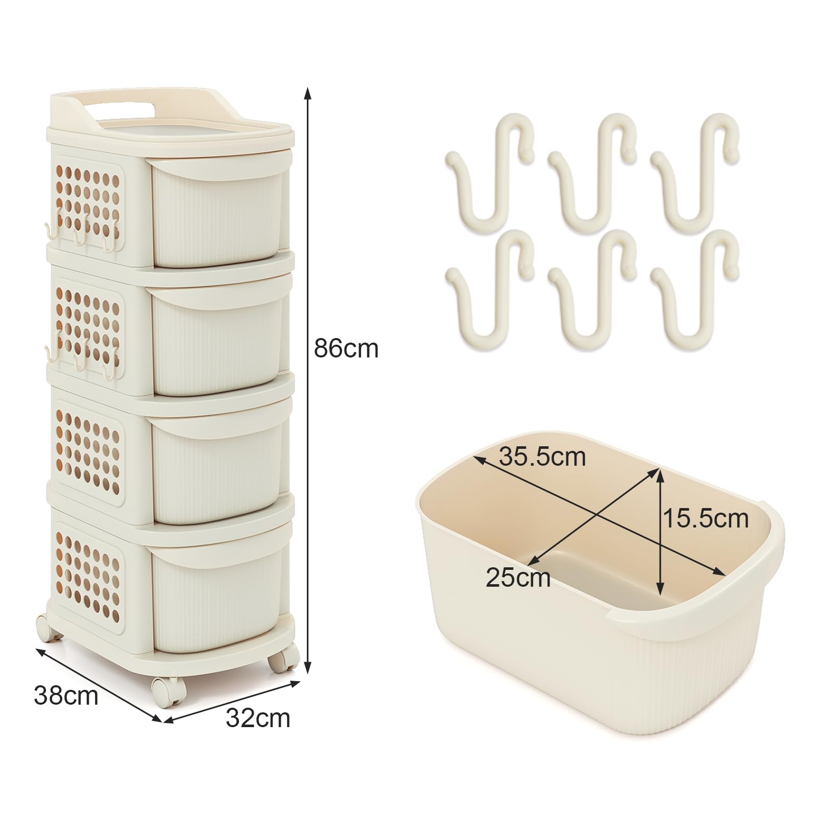 HOMASIS Carrello con 3/4 Cassetti, Pannello Forato, Maniglia e 6 Ganci, Carrello Portaoggetti con Ruote, Organizer Multiuso, Cassettiera Plastica da Cucina, Bagno, Ufficio, Beige (38 x 32 x 86 cm)