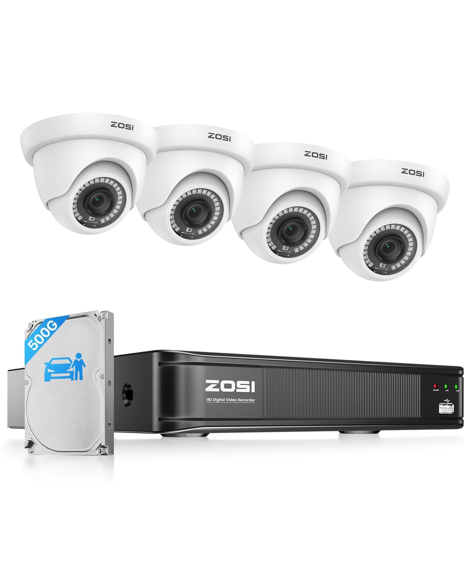 ZOSI 1080P H.265+ Home Security Camera System, 5MP Lite 8 Channel Surveillance DVR, 4 x 1080p Weatherproof CCTV Dome Camera Outdoor Indoor, Night Vision, Remote Access, 90° View Angle, 500GB HDD