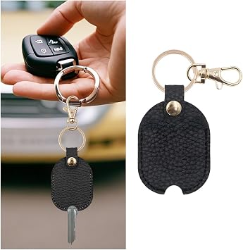 Car Key Cover, Leather Vehicle Broken Key Fob Protector Sleeve with Metal Keyring, Vintage Stylish Auto Keychain Cover Case Loop Replacement, Universal for Most Vehicles Black