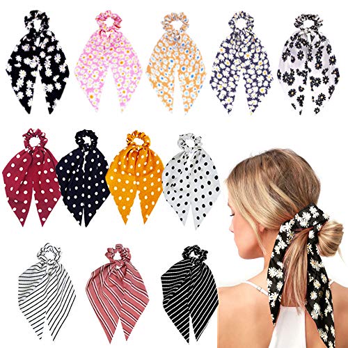 Sunaction 12 Pcs Hair Scarf Hair Scrunchies Satin Silk Chiffon Floral Hair Scarves Ribbon Scrunchie,Ponytail Scarf Scrunchies for Women Girls