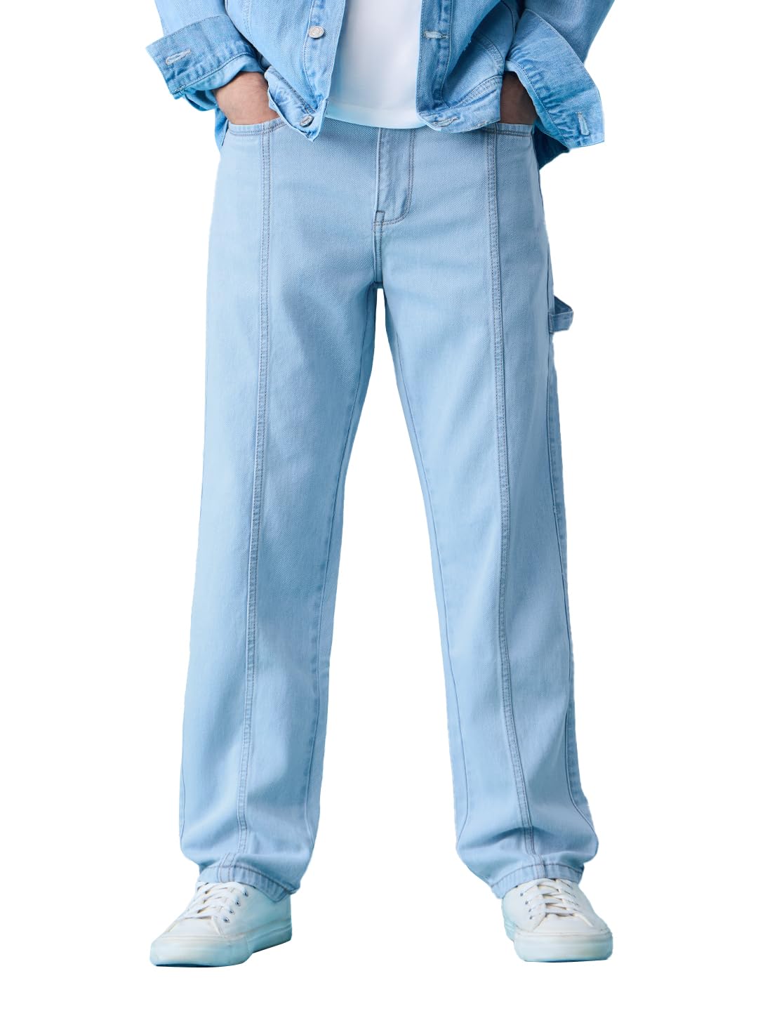 Denim: Light Blue Men and Boys Buttoned Solid Cotton Blend Straight Fit Jeans-image-1