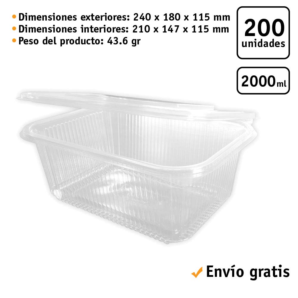 200 uds - Envase Recipiente para Comidas frías con Tapa bisagra Rectangular - Capacidad 2000 ml - Polietileno (Pet) Transparente