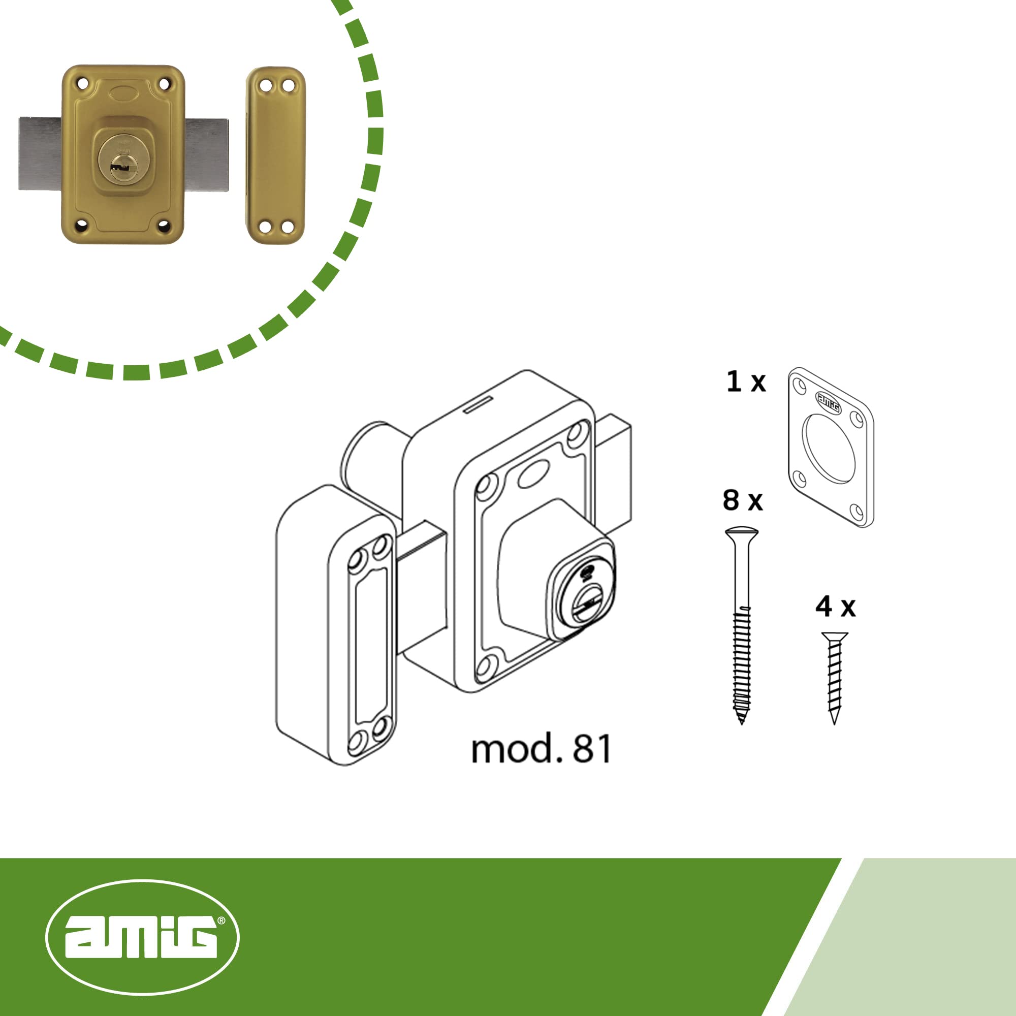 Amig - Serratura a Sovrapposizione Mod.81 - Leva di Chiusura e Cilindro di Sicurezza su Entrambi i Lati - Per Porte in Legno - 96 x 66 mm - Acciaio - Dorato