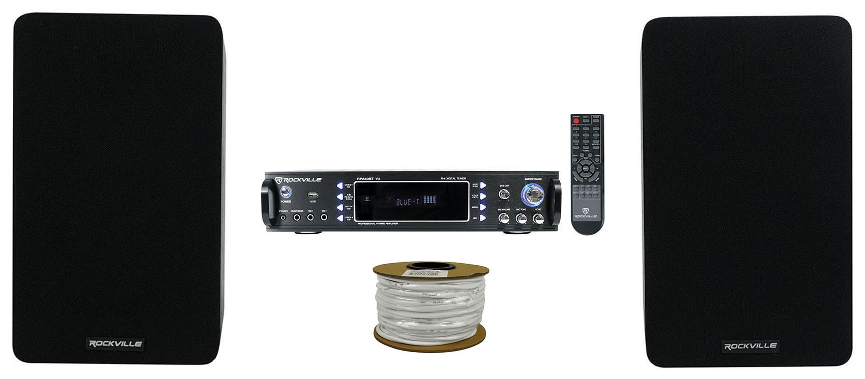 Rockville Bundle: Rockville RPA60BT V2 1000 Watt 2-Ch USB Amplifier Bundle with Pair RockShelf 58B 360w Black 5.25" Home Theater Bookshelf Speakers, RCC14-100-2 CCA Speaker Wire (3 Items)