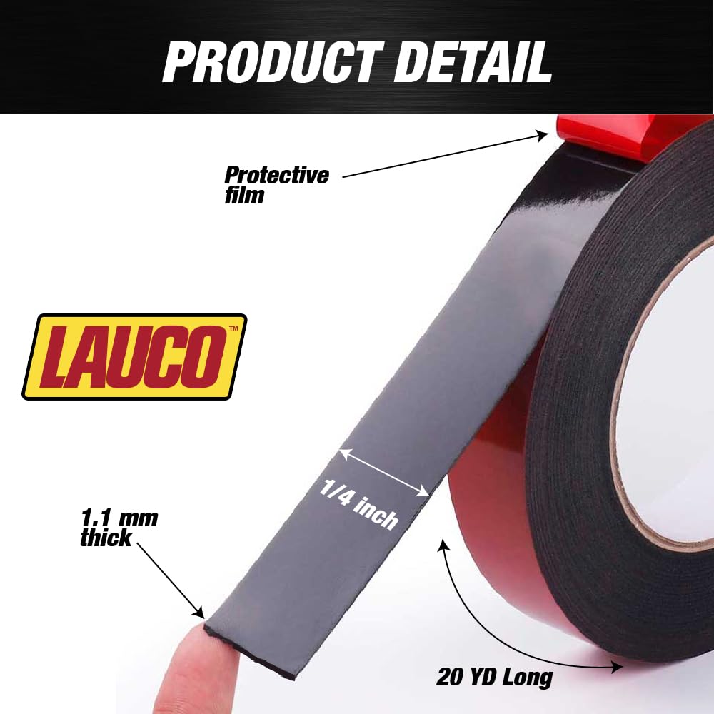 LAUCO Double Sided Acrylic Foam Tape - Permanent Dark Gray, Weatherproof, Long-Term Durability - Strong Double Stick Foam Tape for Wall Poster, Automotive Mounting, Car Trim Tape (1/4” x 20 YDS)