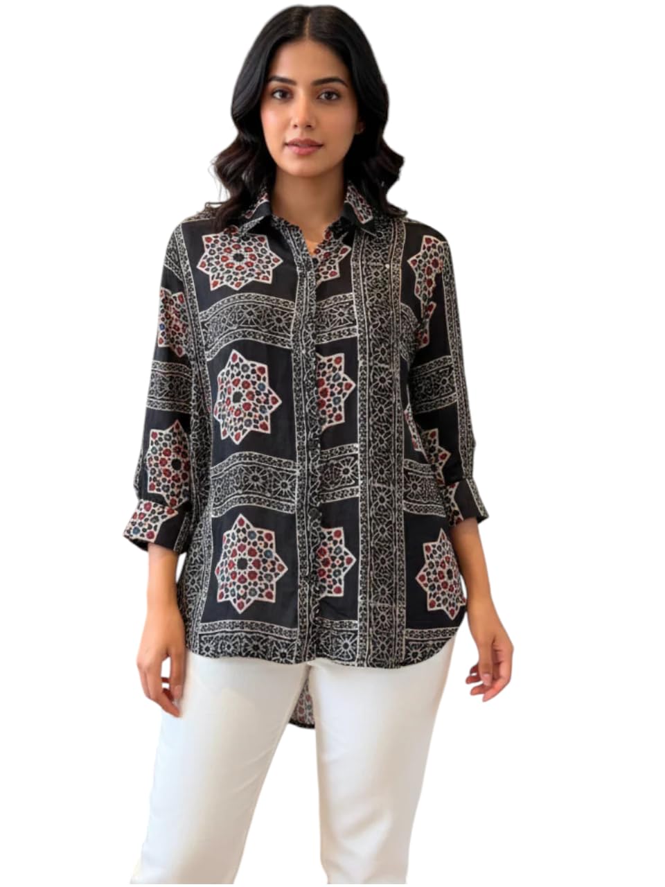 Anouk Zans & Men's Womenâ€™s Printed Casual & Ethnic Fusion Rayon Shirt with Designer Bell Sleeves || Stylish Button-Down Shirt || Casual Top for Daily & Office Wear || Bell Sleeve Designer Top in multi