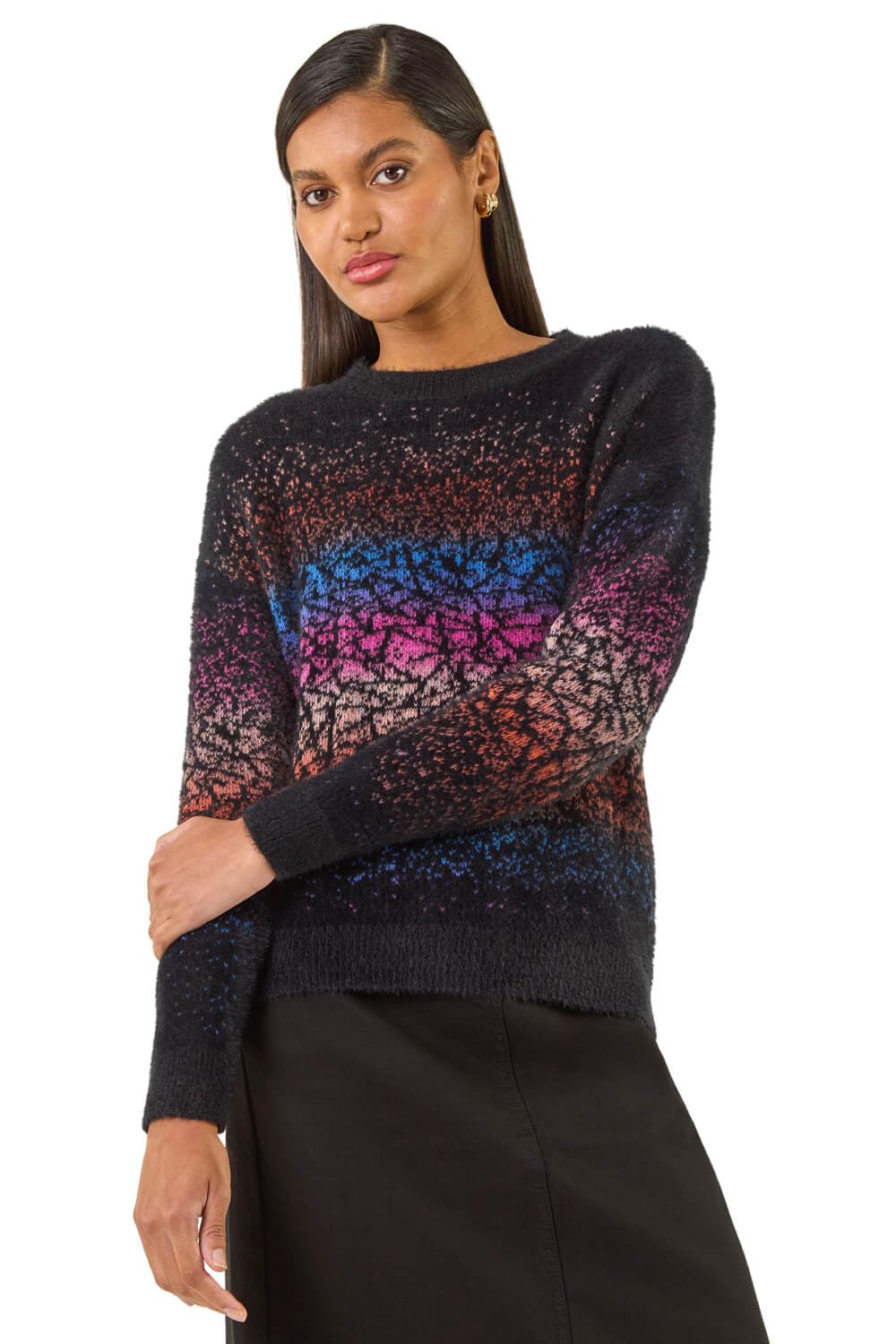 Roman Originals Women's Black Multi Roman Fluffy Yarn Jumper For Uk Thick Sweater Warm Cosy Chunky Knitted Pullover Winter Furry Casual Smart Textured Everyday Cuddly Soft Knitwear - Size 10