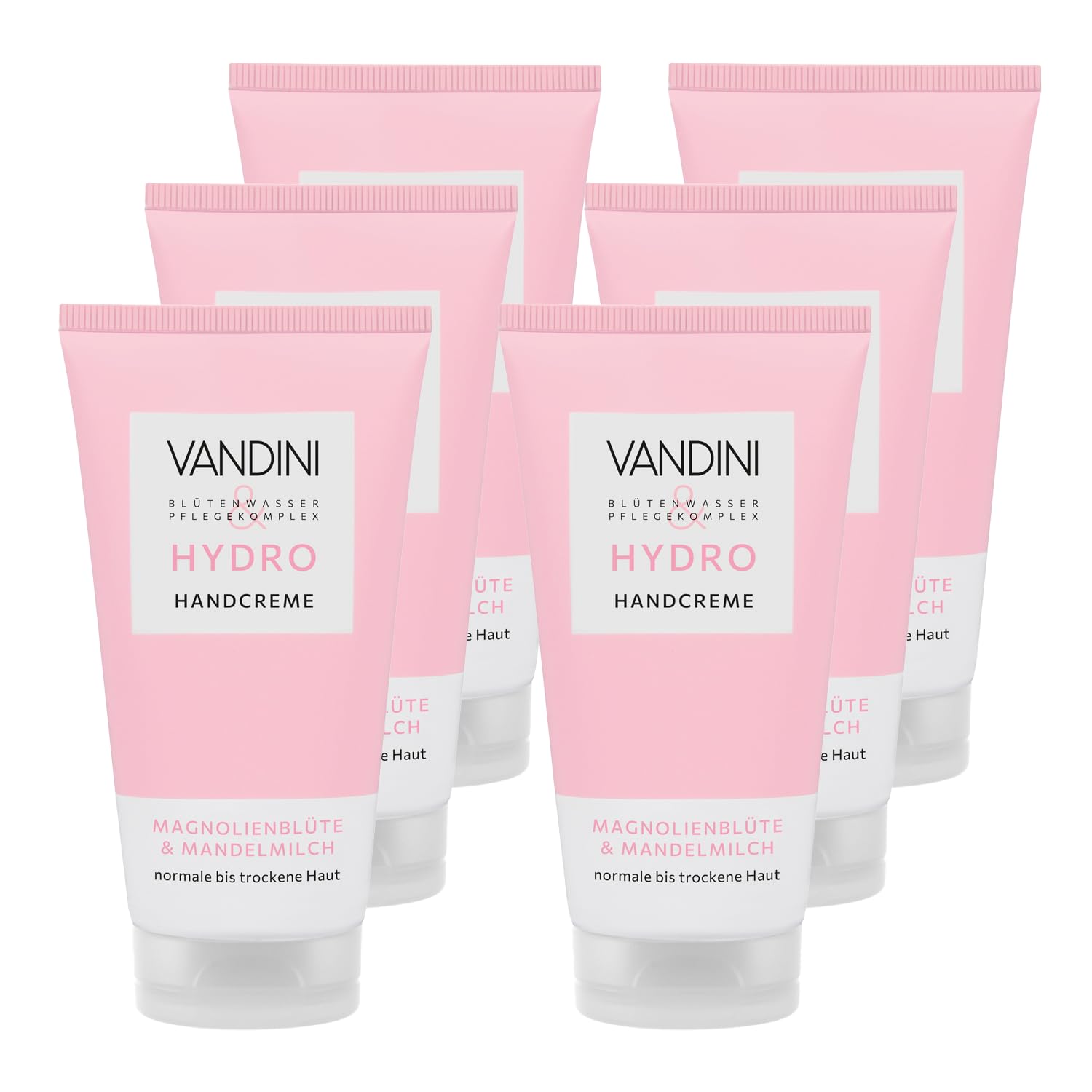 VANDINI HYDRO - 6 creme per le mani da donna, 75 ml, con fiori di magnolia e latte di mandorle, crema nutriente per le mani per pelli normali e secche, vegana, senza parabeni e siliconi, Made in