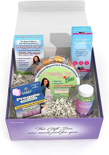 Three Lollies Caja de regalo Preggie, 5 piezas. Alivia las enfermedades matutinas  Preggie Pop Drops Plus, Preggie Pops, pulseras antináuseas,
