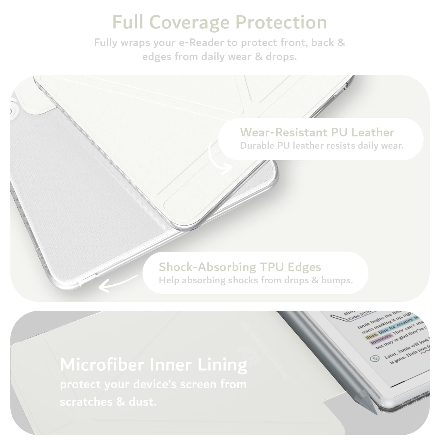 TUDIA M-FLIP Detachable Clear Magnetic Case for Kobo Libra Colour (2024) - [Auto Wake/Sleep] Shockproof Slim Transparent Back Magnetic Fold Cover with Stylus Holder (Off White) - 4