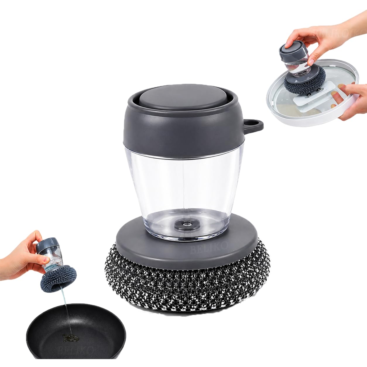 BELIKO 2-in-1 Soap Dispensing Palm Brush | Dishwashing Scrubber with Liquid Dispenser, Replaceable Steel Wire Ball & Sponge | Non-Slip Handle, Kitchen Cleaning Brush for Pots, Pans & Sink (1)-image-44