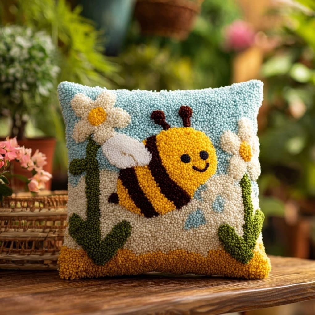 AxiangziK Latch Hook Cushion Kit 43x43cm,Bees and Flowers
