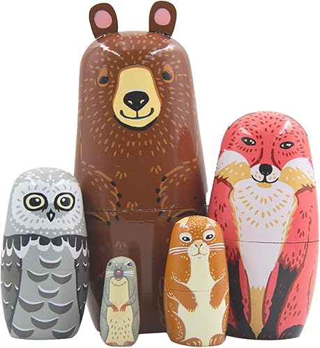 Lindas muñecas anidables de animales, oso marrón, zorro, búho, conejo, mapache, matryoshka, muñeca de madera hecha a mano para niños, decoración de