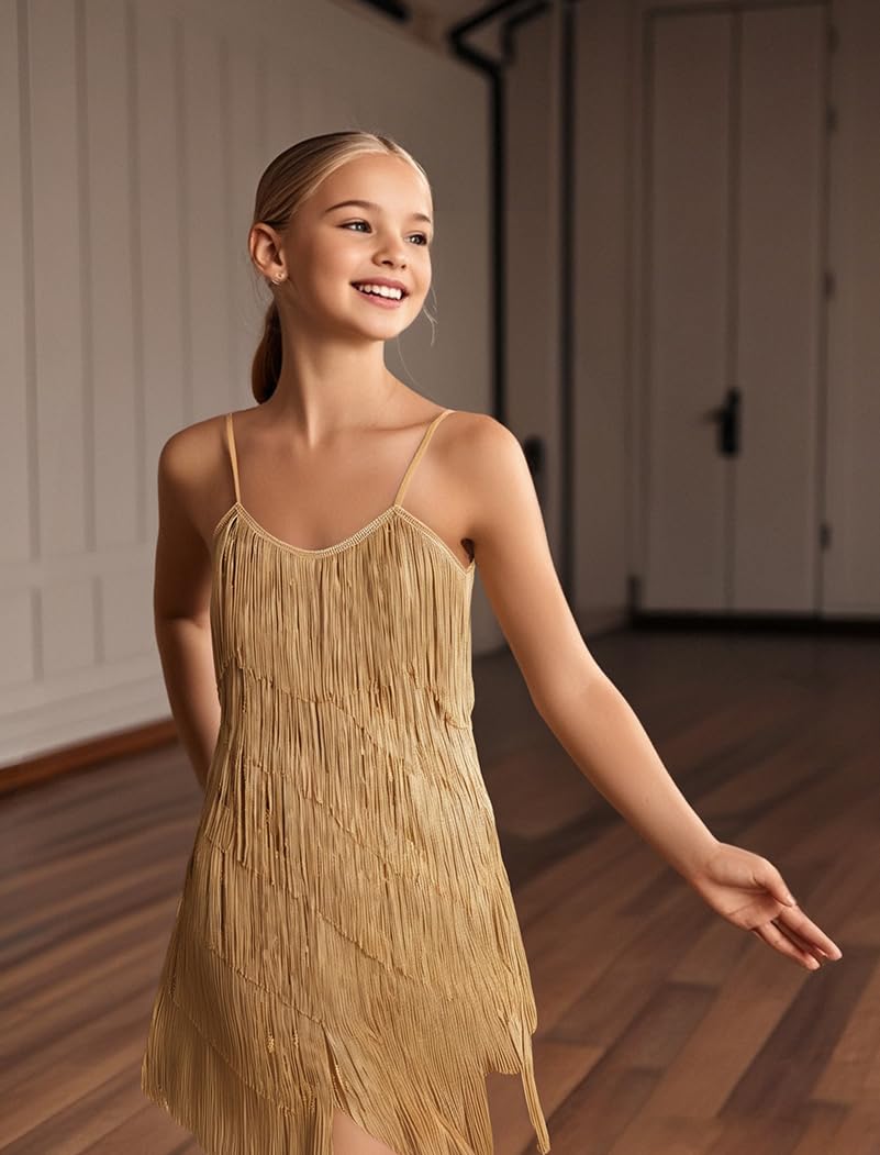 OMEWEE Vestito da bambina con paillettes nappa, abito latino, senza maniche, con spalline sottili, frange, con brillantini, ballroom, feste, balletto, rumba samba cha cha, jazz