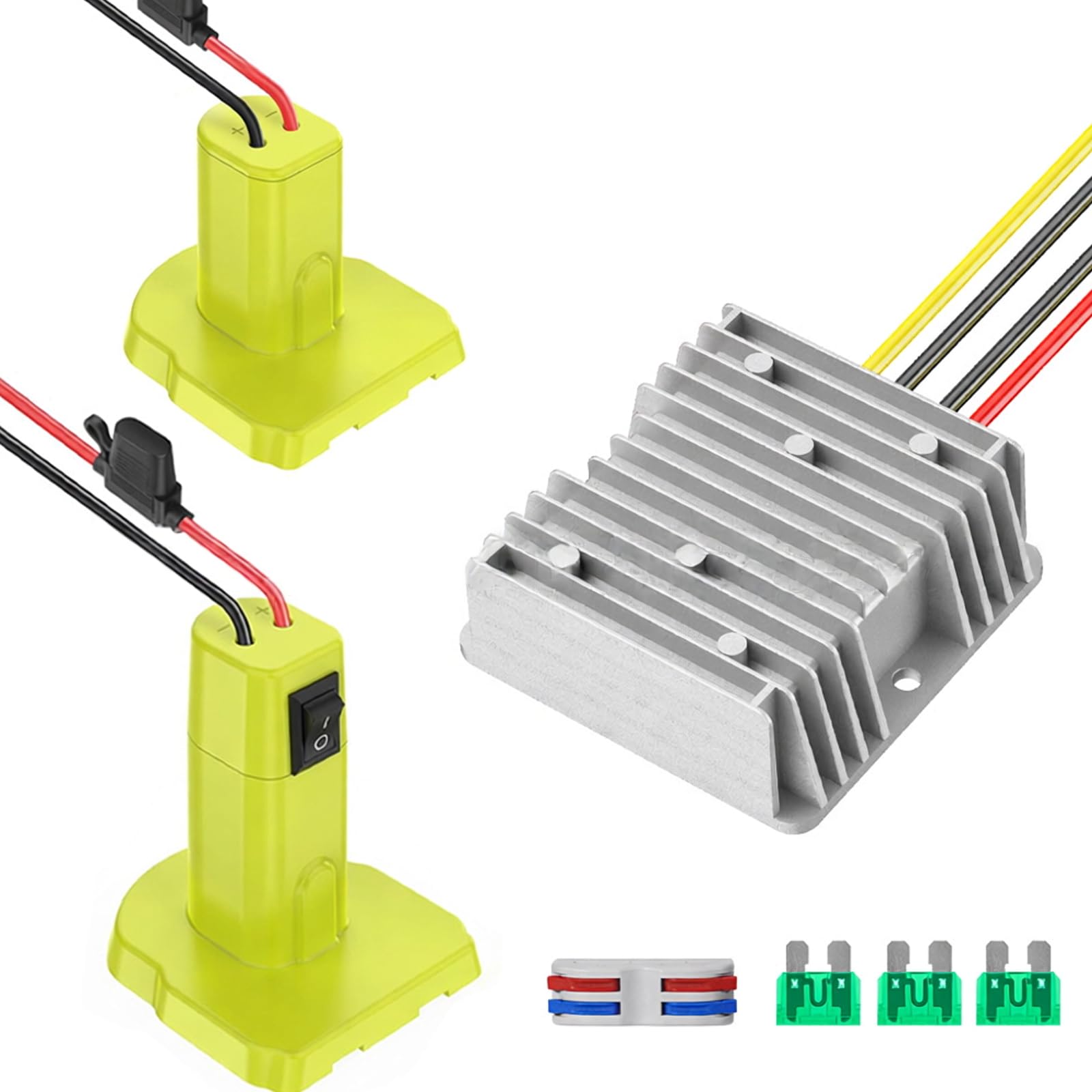 Adaptador de corriente de batería para salida de 12 V, convertidor de cable directo con base ABS y carcasa de metal con aletas para tareas de cableado