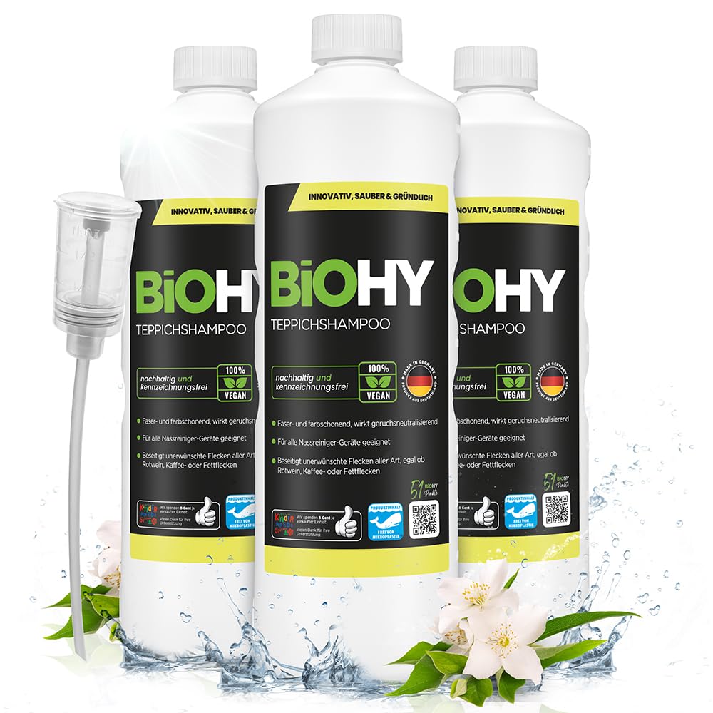 BiOHY Shampoing pour Tapis (3 x 1l Bouteille) + Distributeur | Concentré de nettoyant pour tapis | idéal pour enlever les taches tenaces | bien toléré par les animaux (Teppichshampoo)