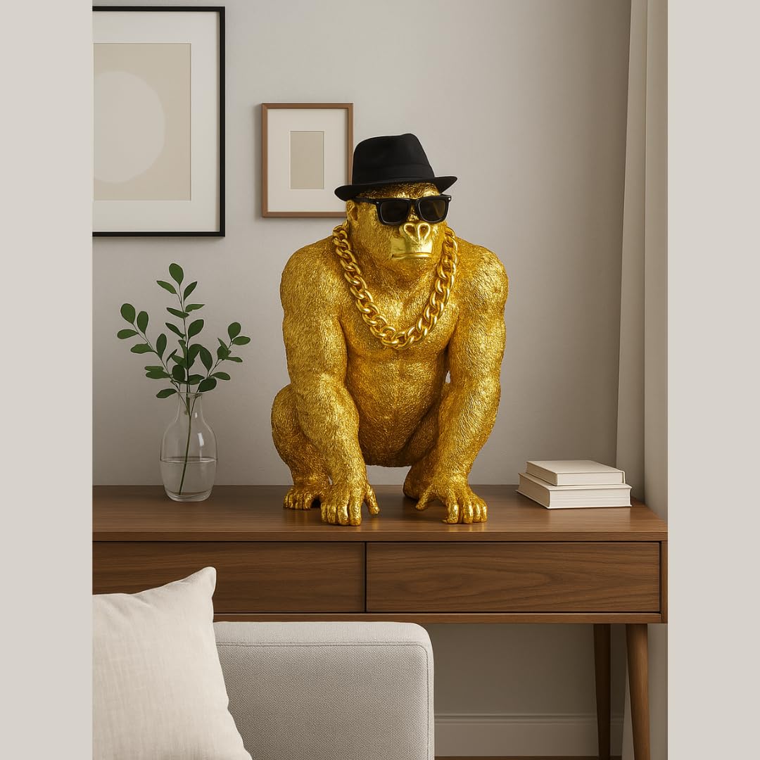 Bongo Gold – Statue Gorilla Gold Premium Dekofigur mit Brille & Kette Gold – Skulptur Design XXL – außergewöhnliche französische Kreation für Wohnzimmer Büro (Gold)