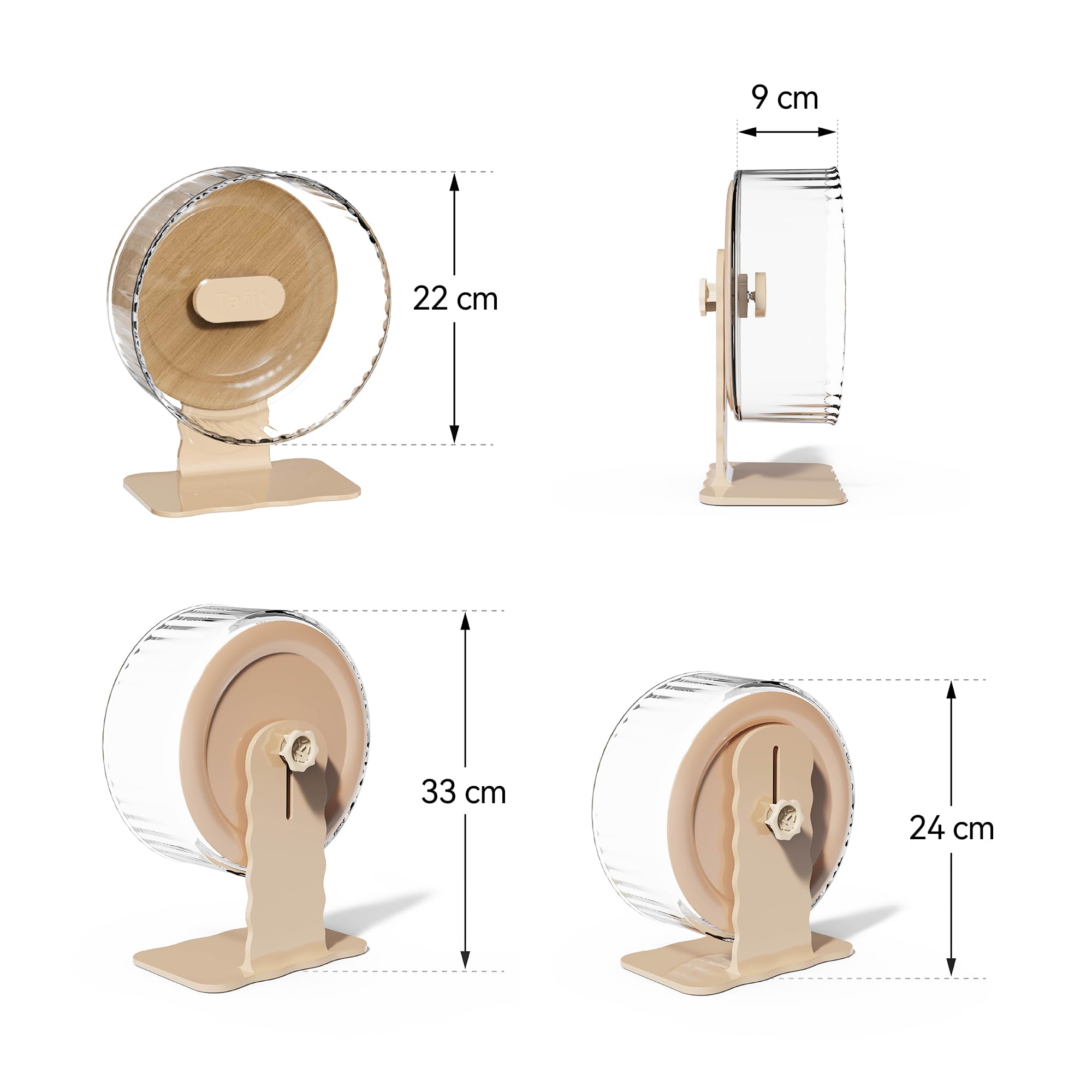 Silent Hamsterrad 22 cm mit Holzoptik-Rückwand – Höhenverstellbares, leises Laufrad mit Doppellagern für Zwerghamster, Mäuse, Igel & Kleintiere (Warmbraun)