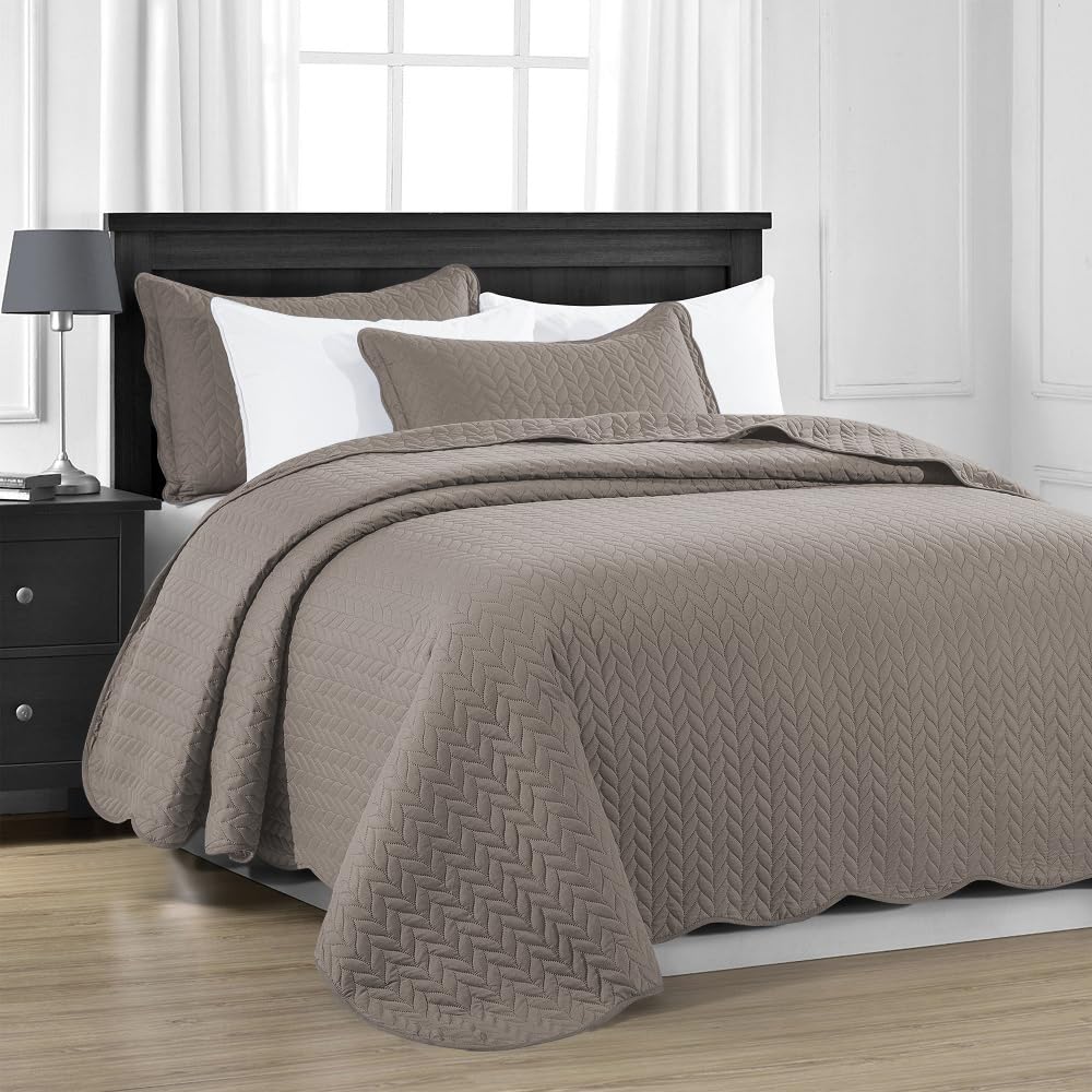 MOONLIGHT20015Quilt Queen Size (90" x 96") with 2 Pillow Shams (20" x 26"+2") for All Seasons - 3 Pcs Lightweight Bedding Set Reversible Coverlet Embossed Quilted Bedspread (Beige), Full/Queen