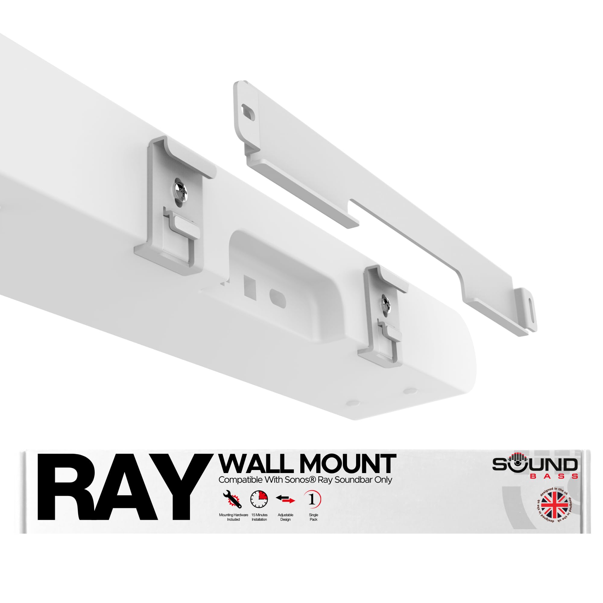 Sound Bass Soundbar Mount for Sonos Ray Sound Bar Includes All Necessary Mounting Hardware, Floating Style Soundbar Wall Bracket for Under TV or Above, Easy to Install, White