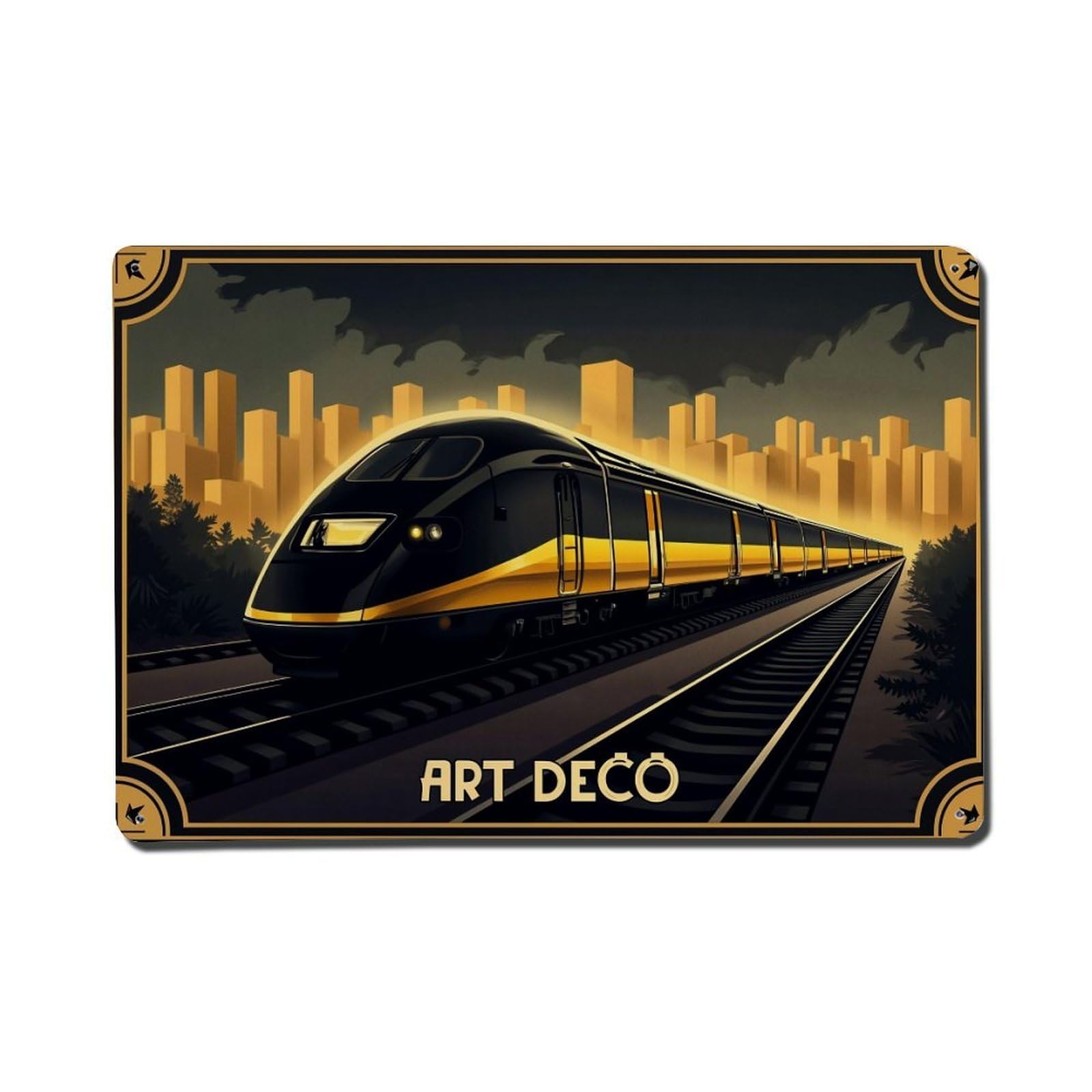 Art Deco Train Cityscape Night Metal Tin Sign Plaque