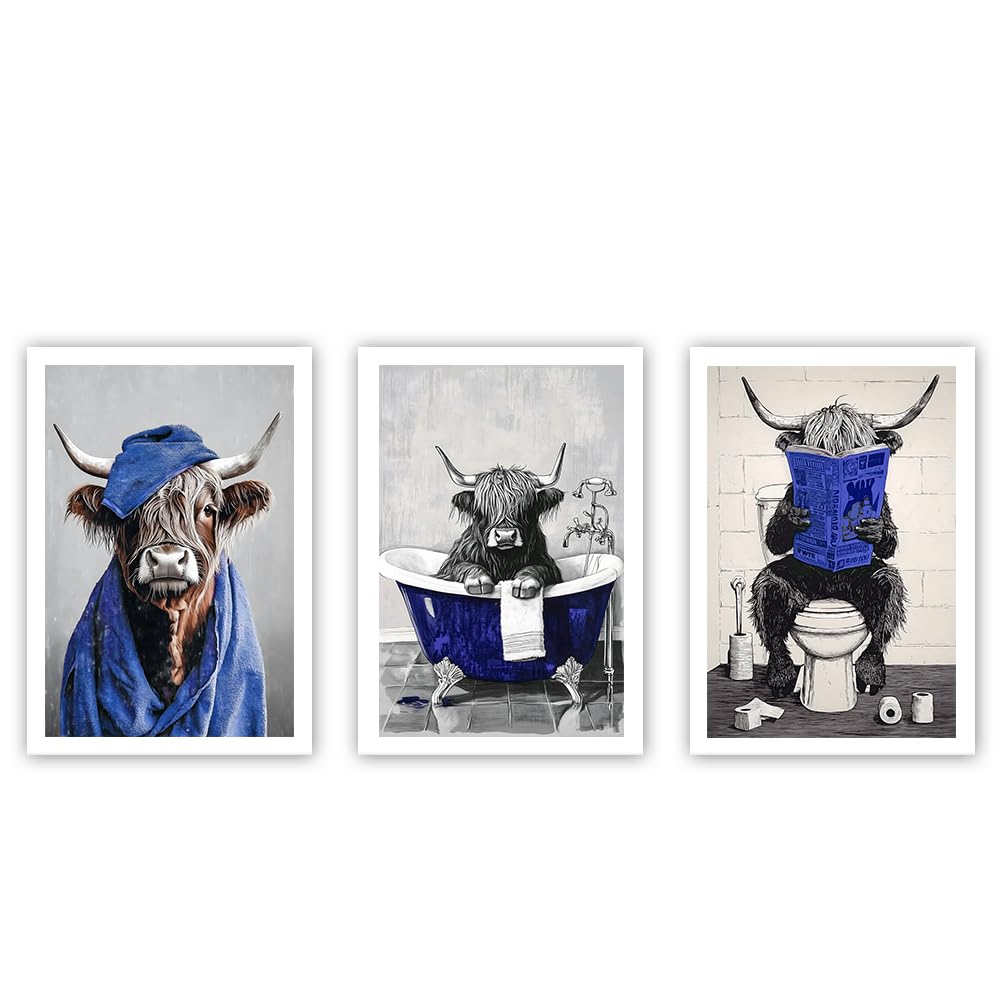 CXHOSTENT Highland Cow Bathroom Wall Decor Funny Bathroom Animal Wall Art 3 Pieces Highland Cow in a Bathtub Picture Restroom Toilet Decor Unframed (30x40cmx3)