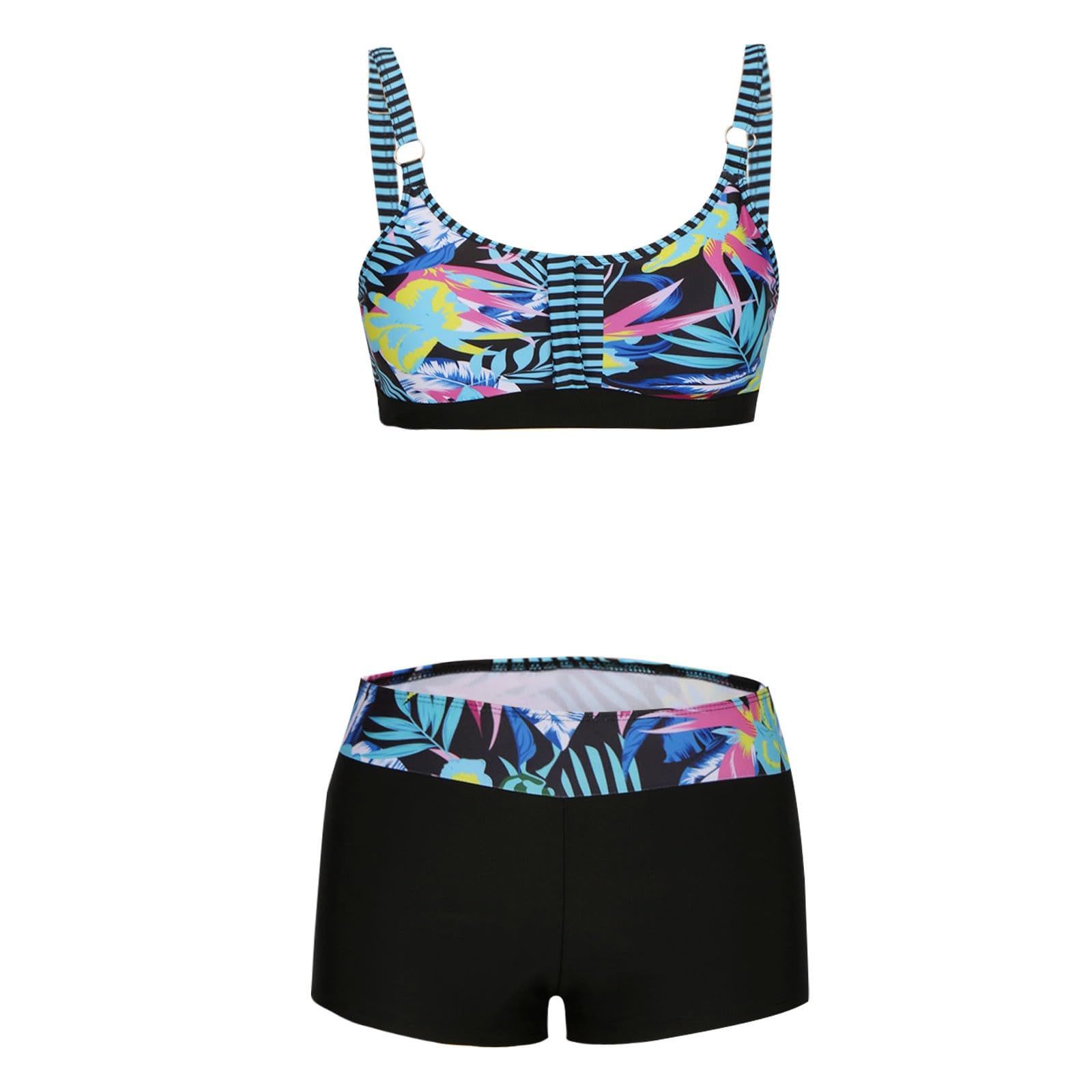 Maillot de Bain Deux Pièces pour Femme, Haut de Maillots Col en V Sexy Bikini Shorty Taille Haute Ventre Plat Imprimé Ete Swimwear Rembourré Swimsuit
