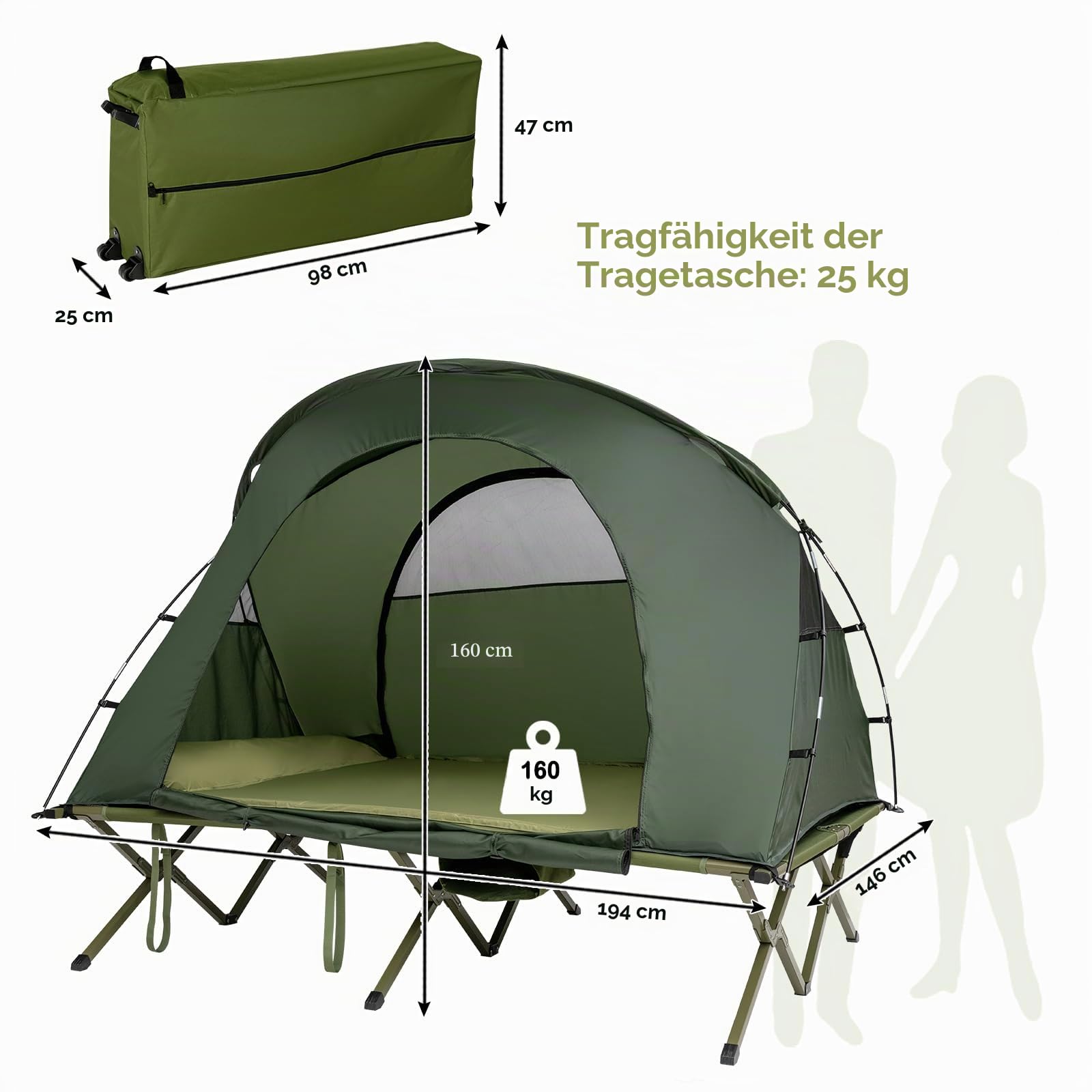 HOMASIS 4 in 1 Campingzelt für 2 Personen, erhöhtes Doppelzelt mit Feldbett, Kuppelzelt mit aufblasbarer Matratze, wasserdichtes Zelt mit Regendecke & Tragetasche, 194 x 146 x 160 cm