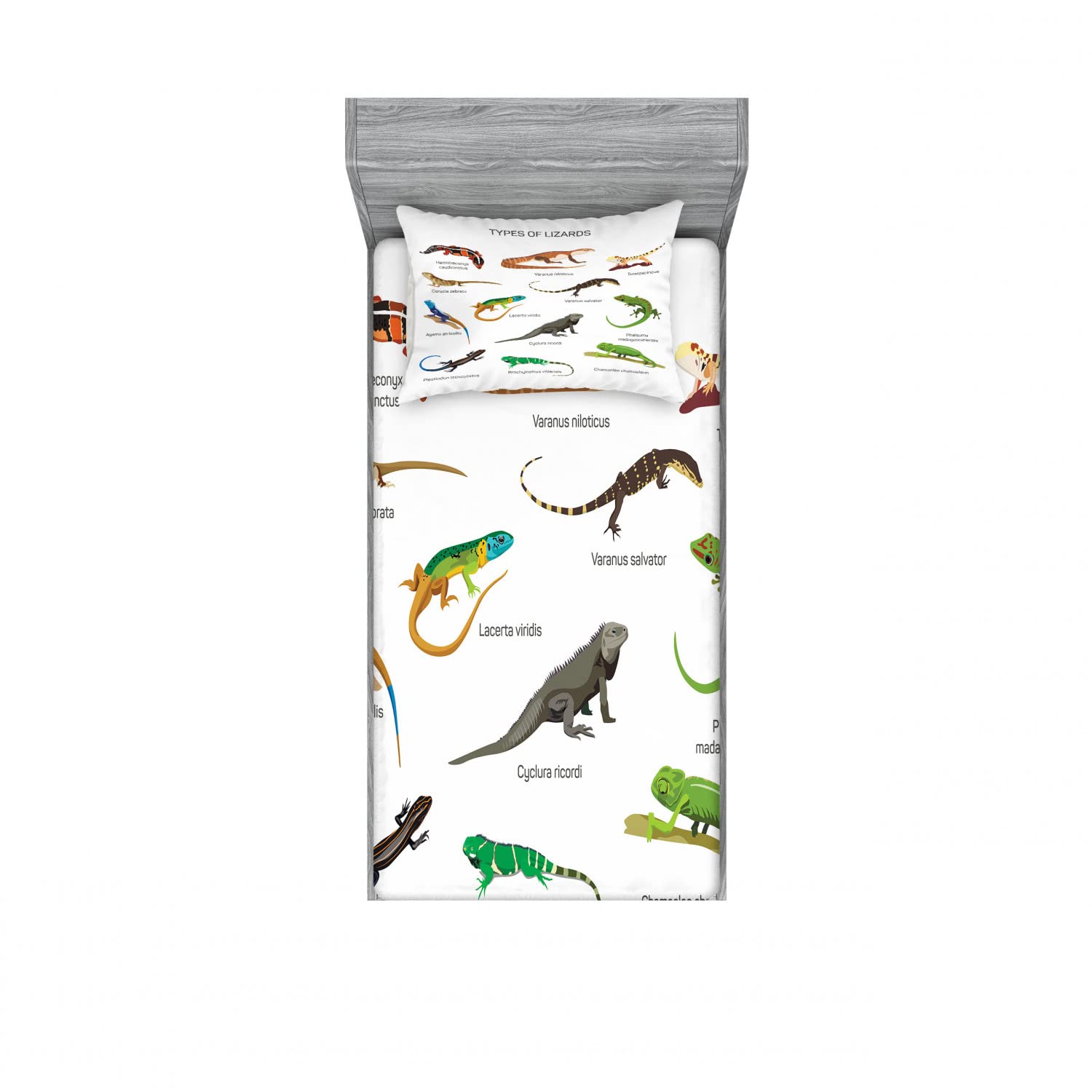 Ambesonne Colorful 2 Pack Fitted Sheet & Pillow Sham Set, Exotic Lizard Reptiles, 4 Pcs Bedding Decor, Package Contains 2 Twin Size Fitted Sheets & 2 Pillow Covers, Green Caramel