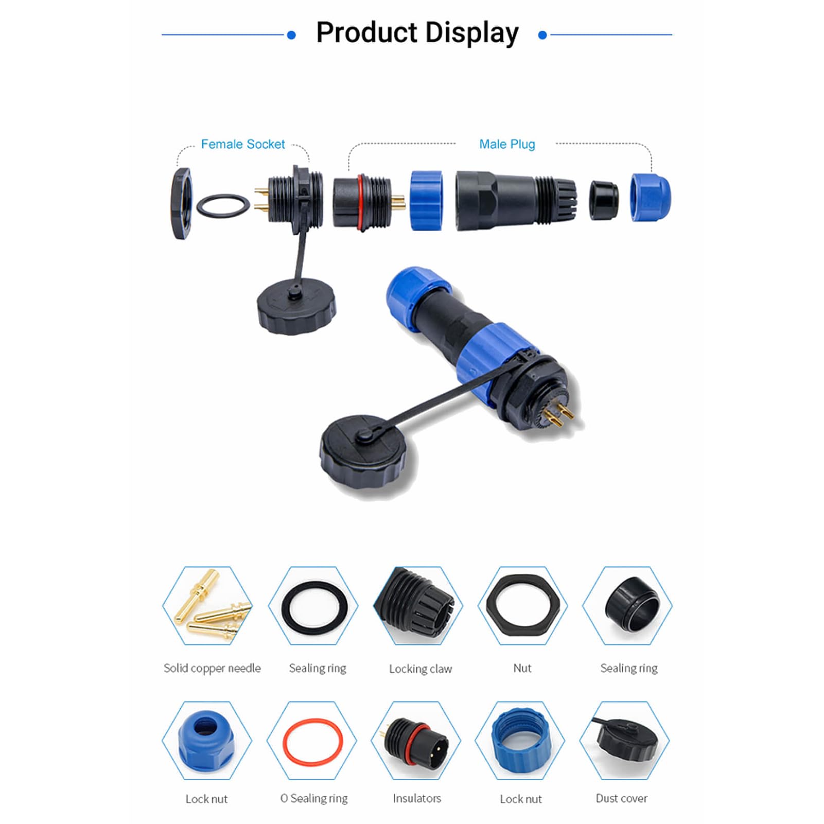 Elecbee IP68 Waterproof 2 Pin Circular Male Plug & Female Socket Connector, SP21 Series, 2 Pins, Blue, 12V, 10A, 120W - Image 3