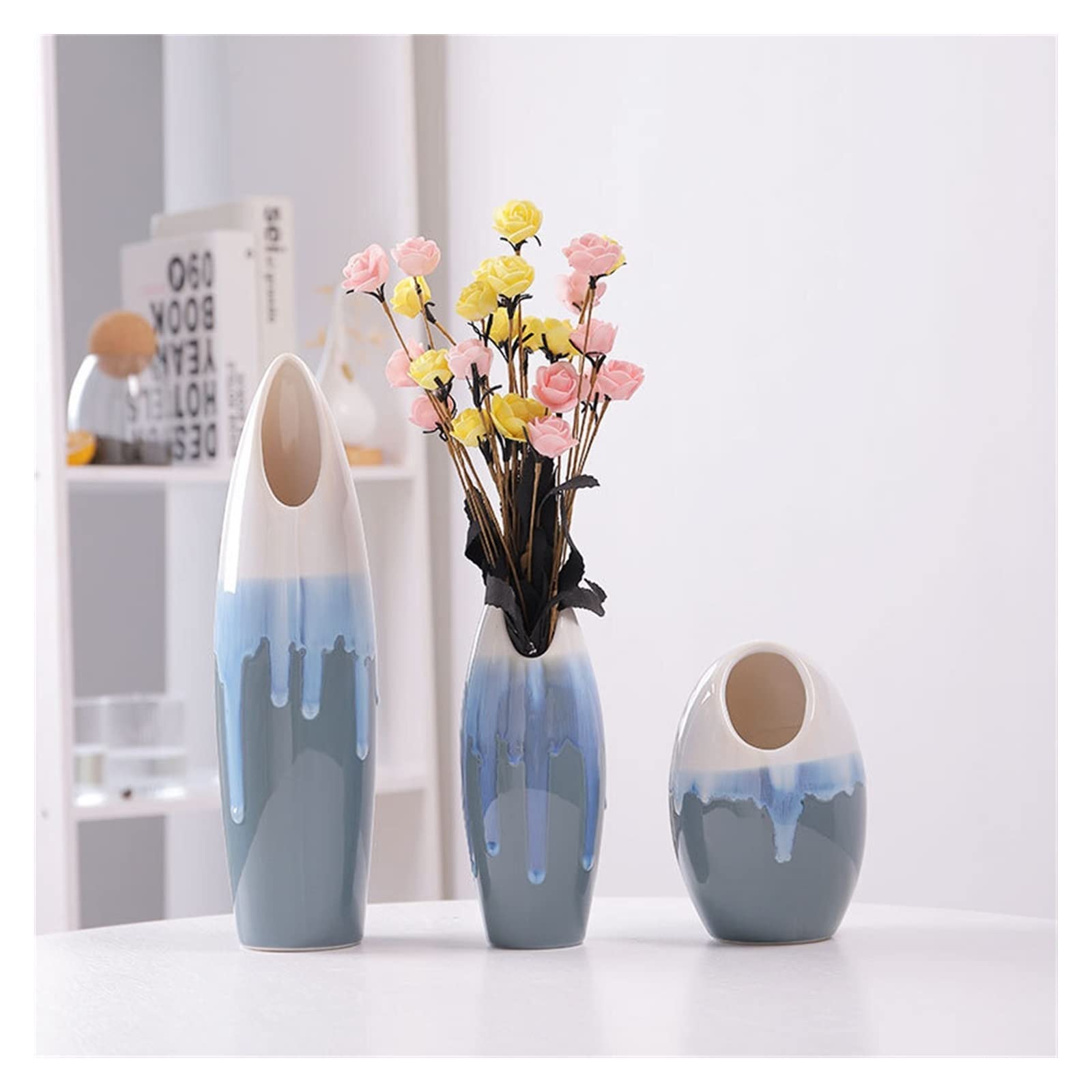 asdchZen Vases 3Pcs Blue Gradient Ceramic Vase Ornaments Hydroponic Flower Pot Creative Home Decoration Vase, Flower Not Included Flowers Vases,One Color-B