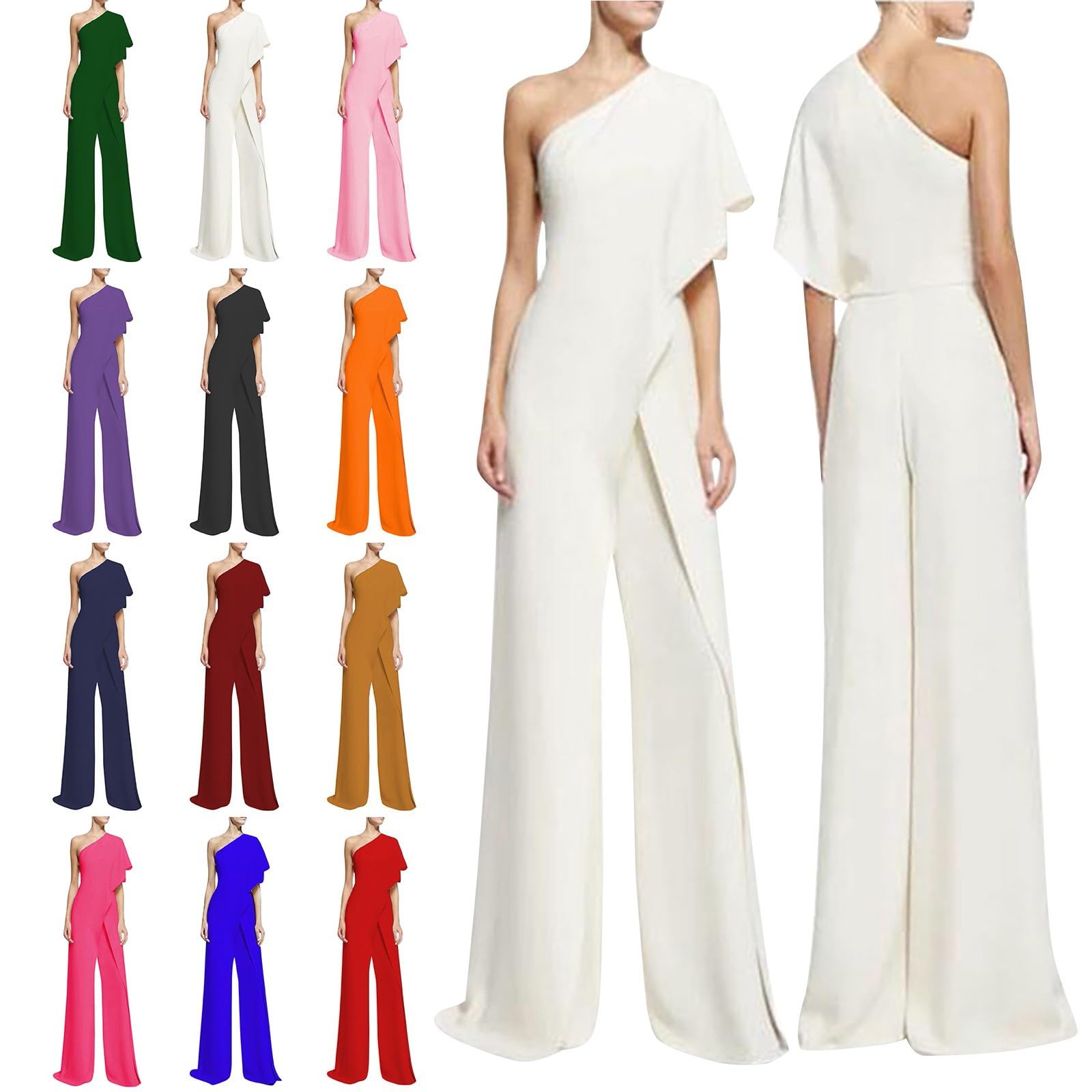 Generisch Tuta da donna con pantaloni, per matrimonio, con maniche a mantello, a gamba larga, sciancrata, tinta unita, elegante, per serate e feste