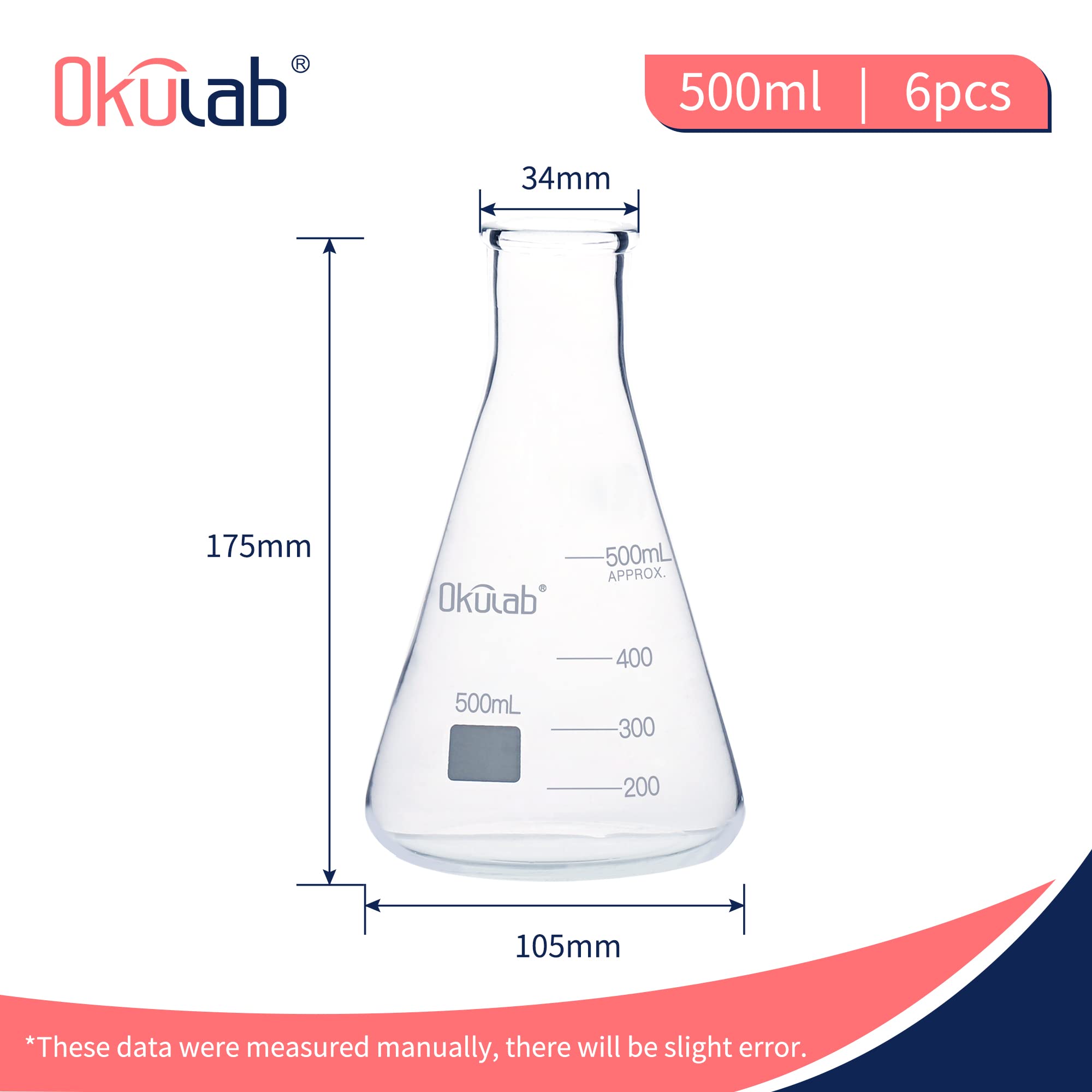 Frascos de vidrio Erlenmeyer, 6 piezas de Vol.500 ml, material de vidrio borosilicato 3.3 con graduación impresa. EFNG500A6
