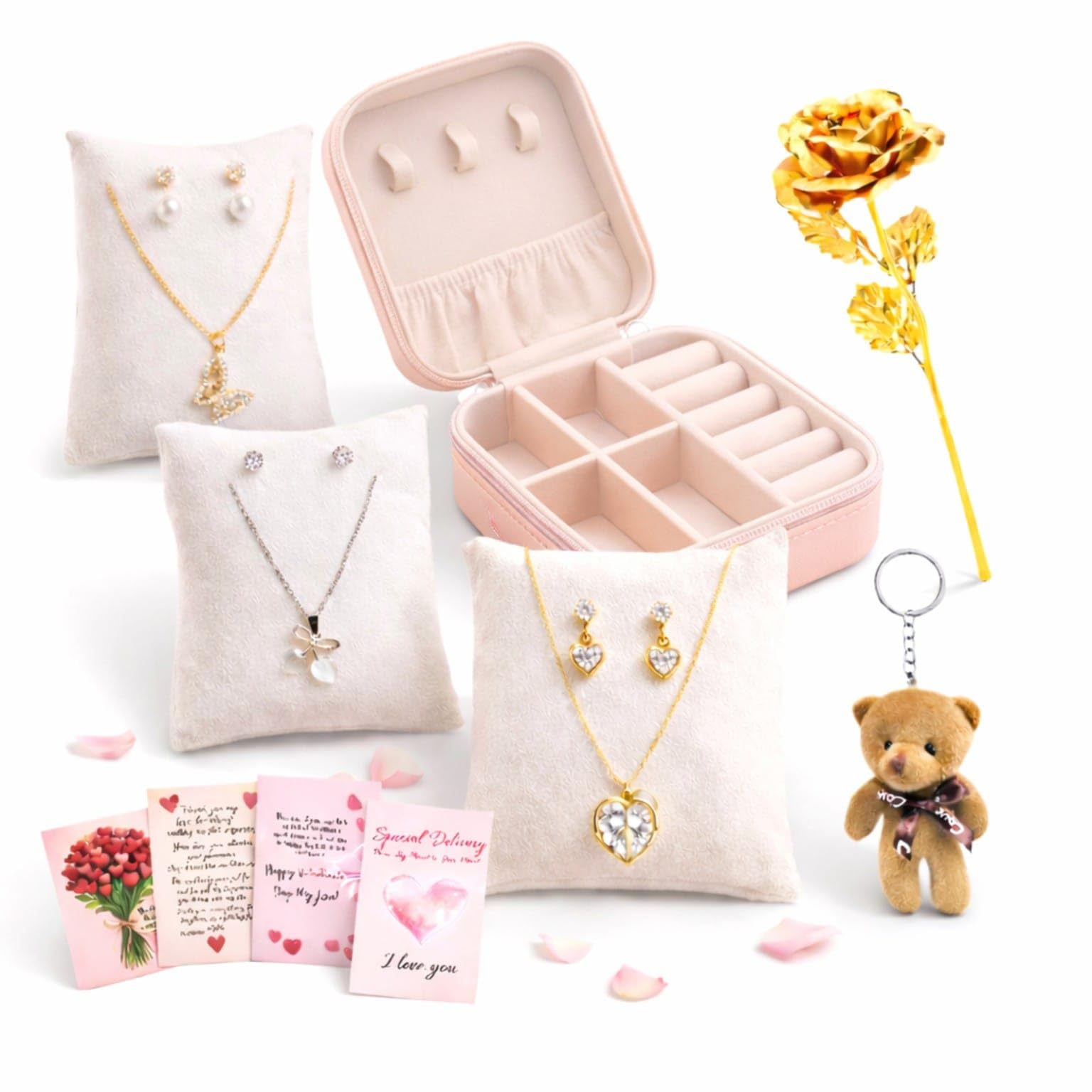 Valentine Combo for Girlfriend | Love Gift For Wife | Suprise Gift |Jewellery Set | Birthday Anniversary | Jewellery Box Chain(2) Ear-ring(12) Ring Golden Rose, Keychain, Message Bottle Love Cards