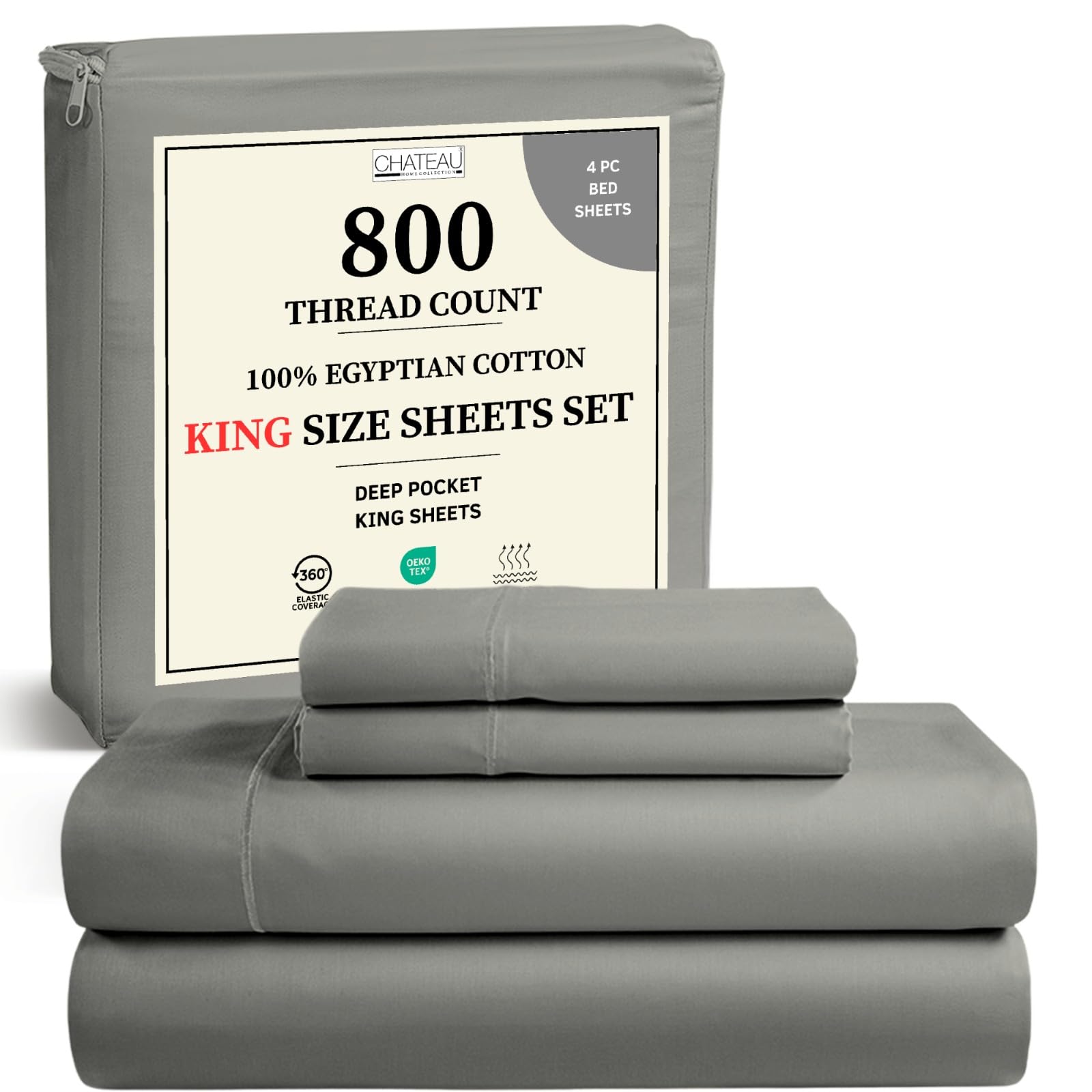 100% Cotton Sheets King Size Sheets Set, 15" Deep Pocket King Sheet Set, 800 Thread Count Sateen Weave Luxury Hotel Sheets, Naturally Cool Long Staple Egyptian Cotton, No Pilling & Shrink - Silver